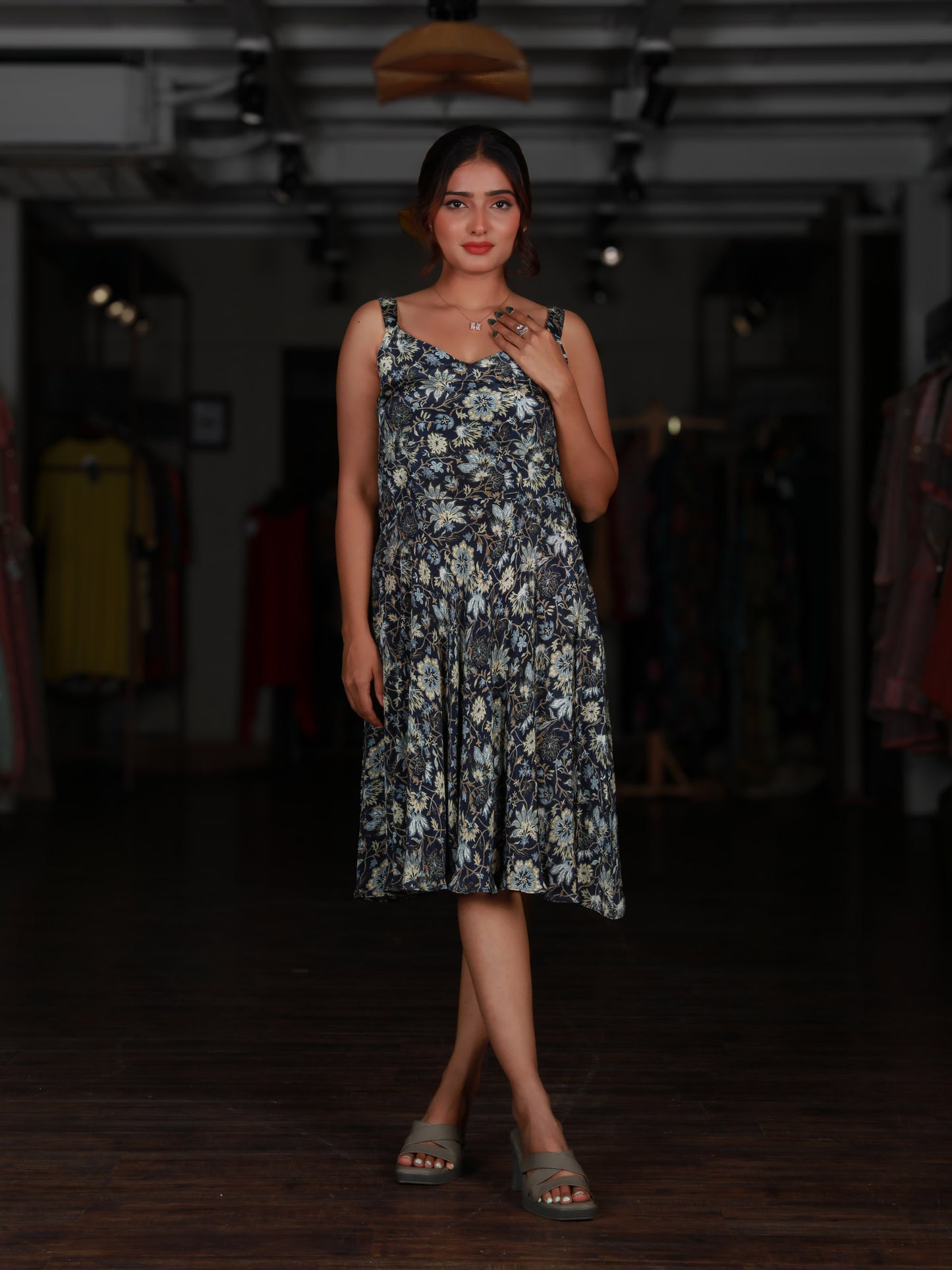 Navy Blue Floral Printed Strappy Short Dress