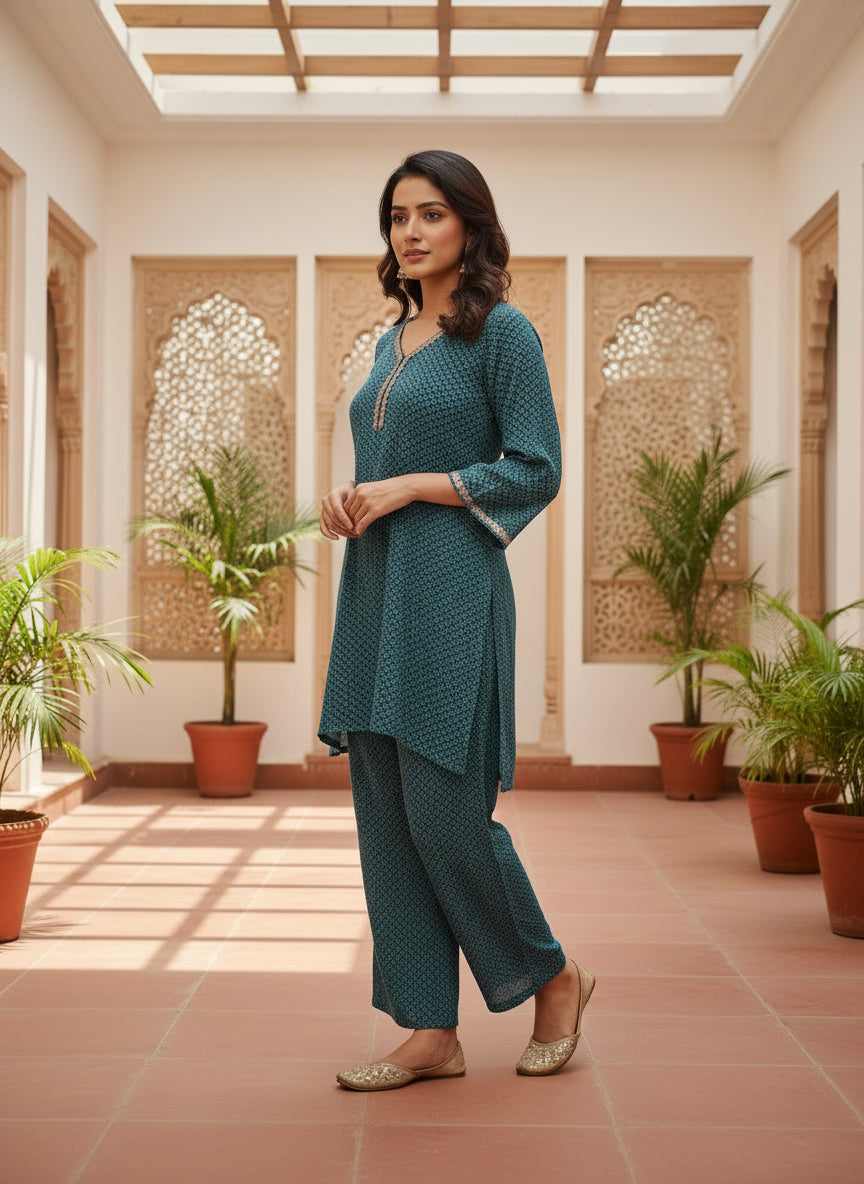 Teal Blue Chinon Chiffon Kurta Set with Mirror Embroidery
