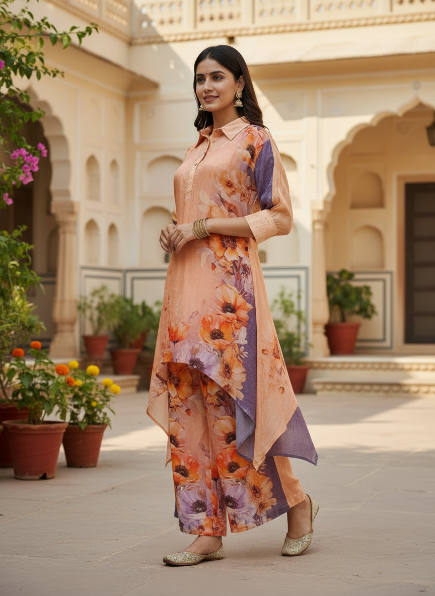 Peach Floral Crepe Silk Asymmetric Kurta Set