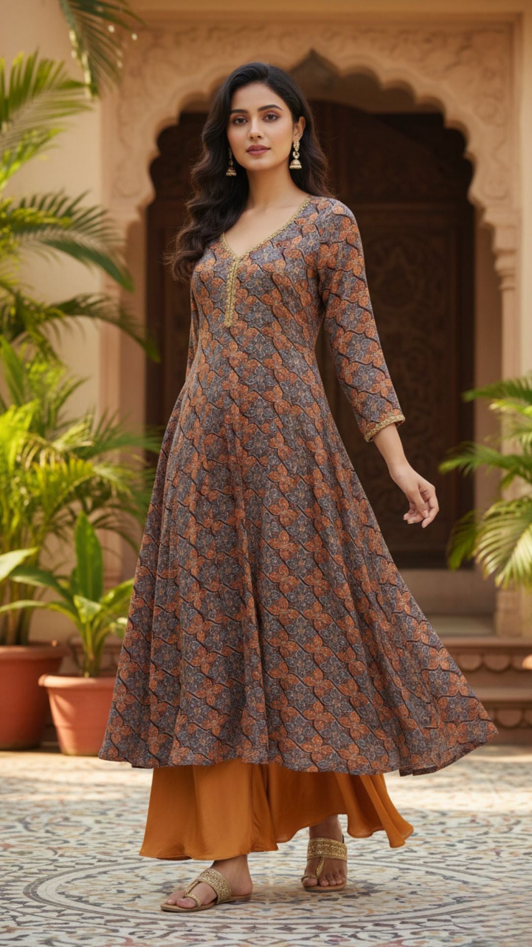 Rust & Slate Printed Modal Satin Anarkali Set