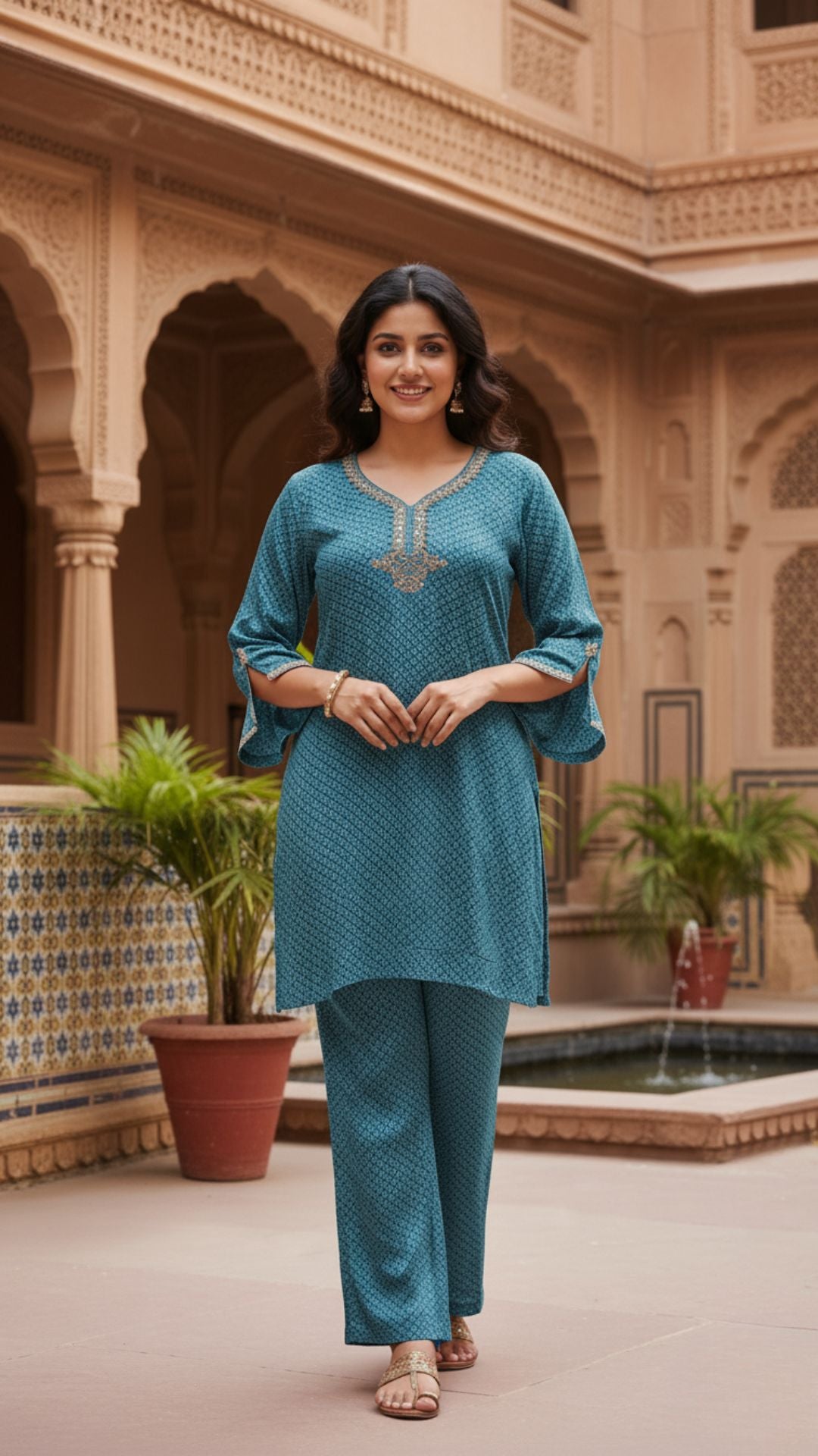 Teal Mirror Work Chinon Chiffon Kurta Set