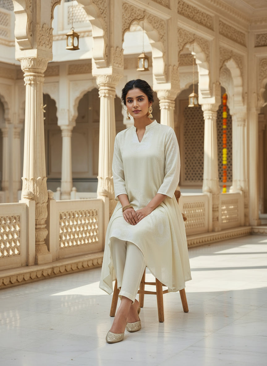 Ivory Muslin Asymmetric Kurta Set