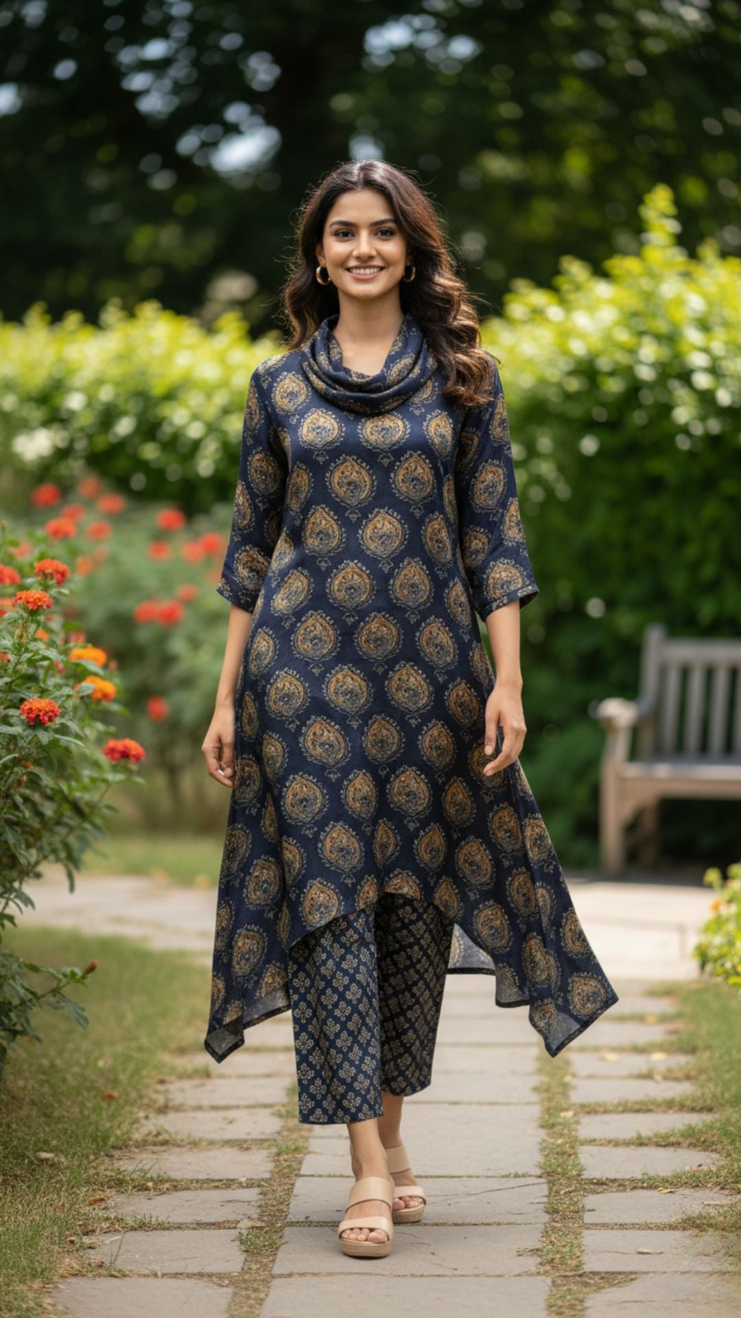 Navy Blue Cowl Neck Modal Satin Kurta Set