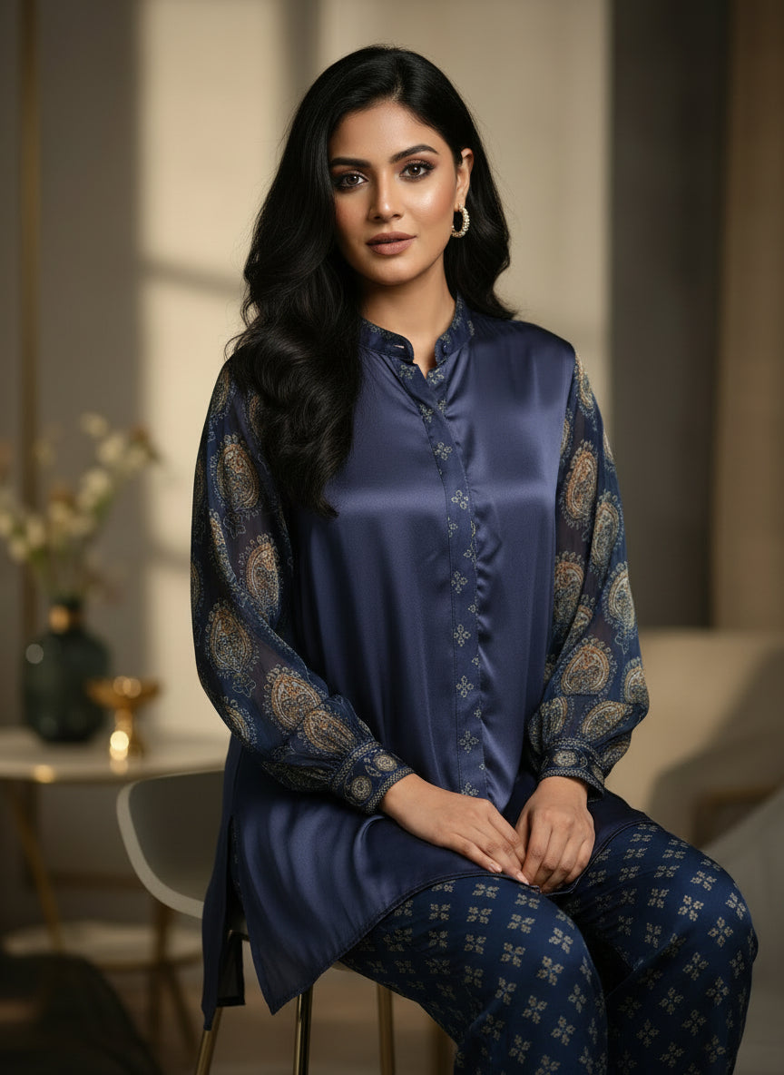 Midnight Blue Printed Pure Bemberg Modal Co-ord Set