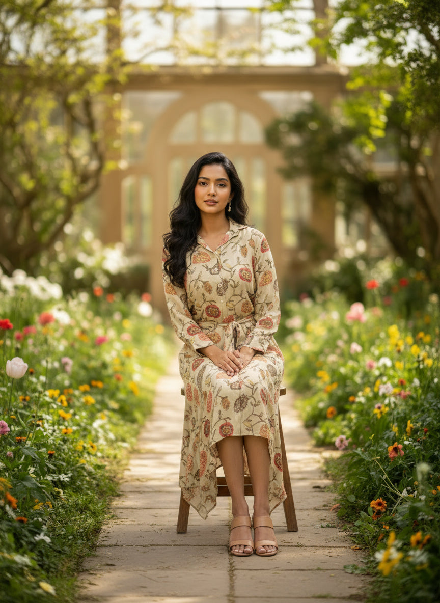 Beige Botanical Pure Bemberg Modal Shirt Dress