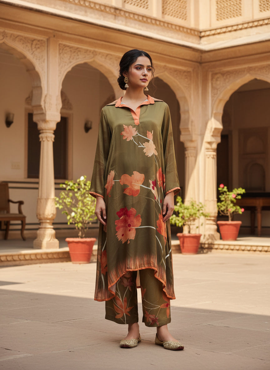 Olive Floral Digital Print Pure Bemberg Modal Tunic Set