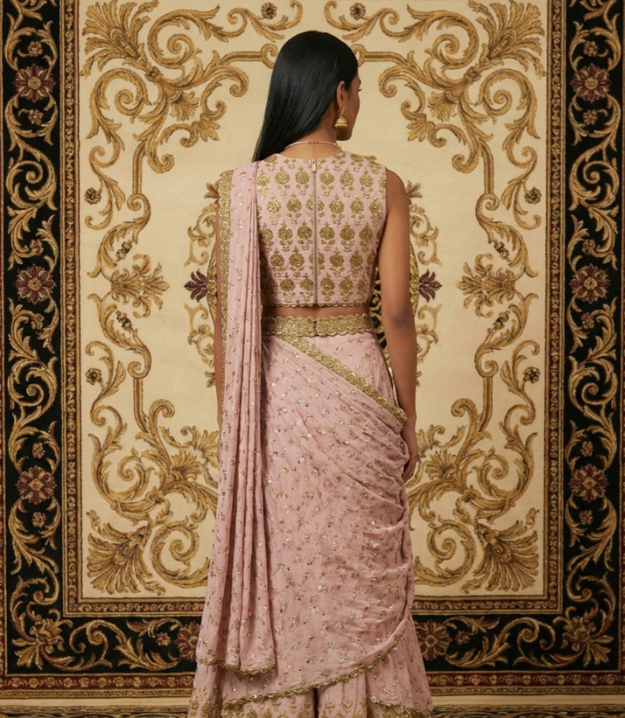 Blush Pink Silk Lehenga Saree with Zari & Zardosi Embroidery