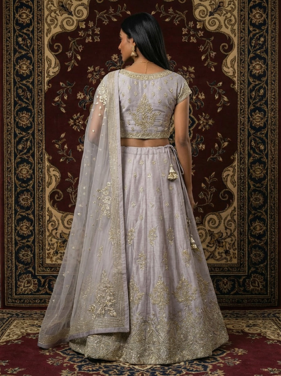 Lilac-Grey Silk Lehenga Choli with Zardozi Embroidery