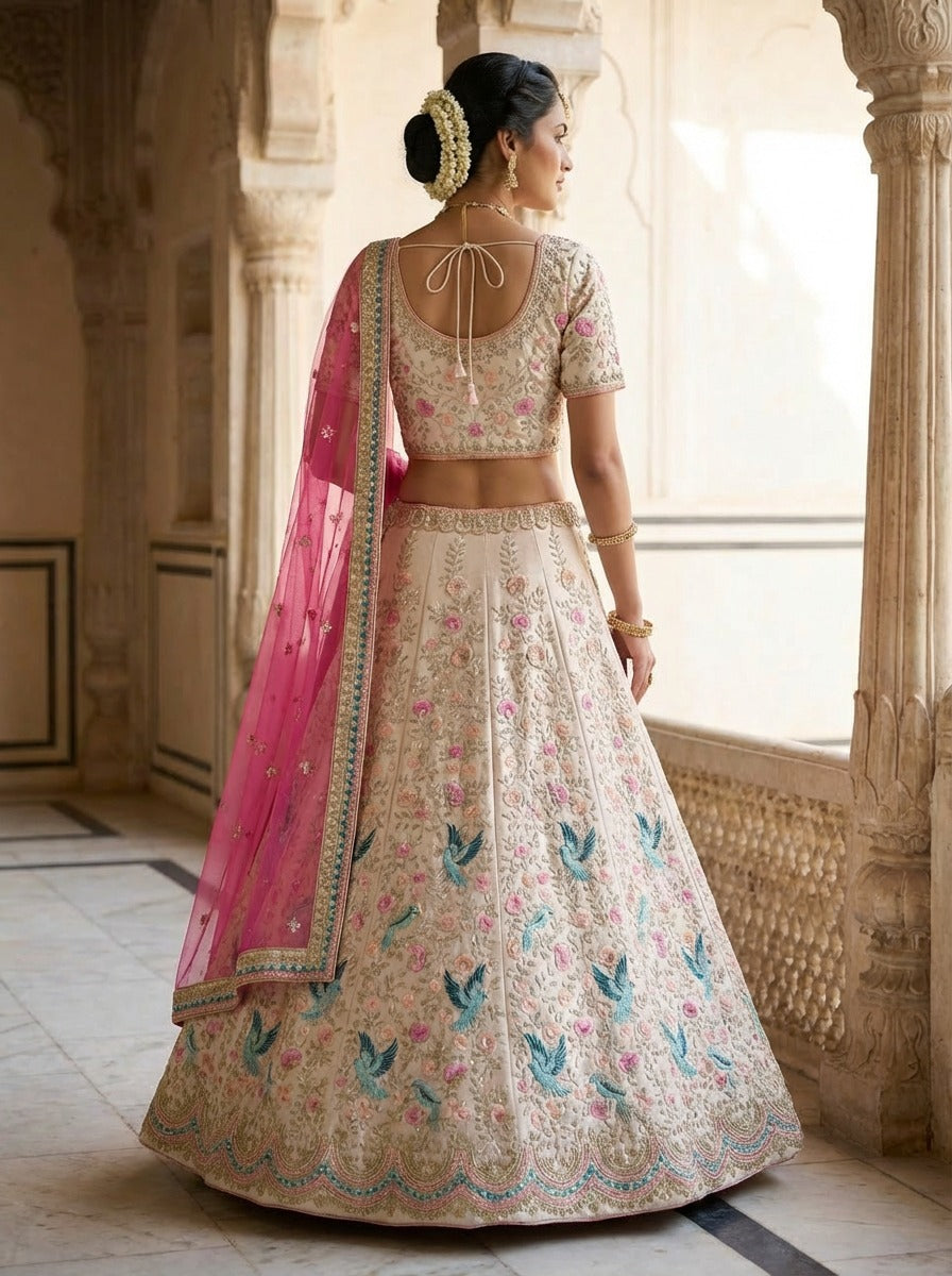 Ivory Velvet Lehenga Choli with Bird & Floral Embroidery