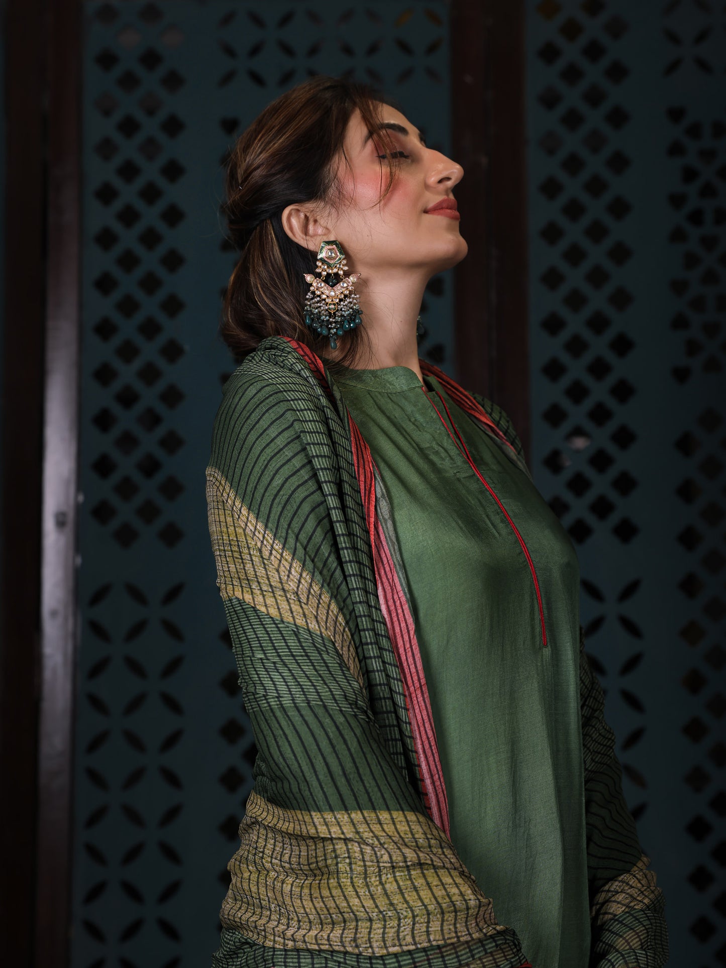 Olive Green Straight Kurta Set With Pants & Dupatta