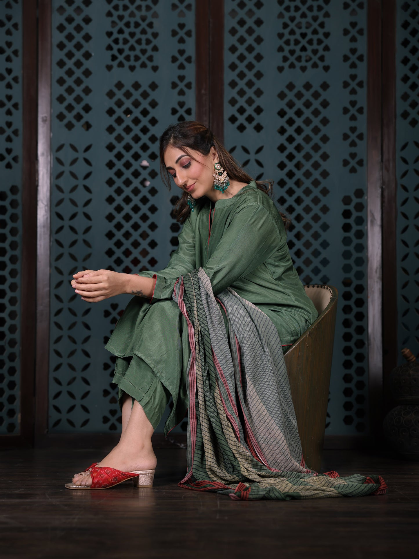 Olive Green Straight Kurta Set With Pants & Dupatta