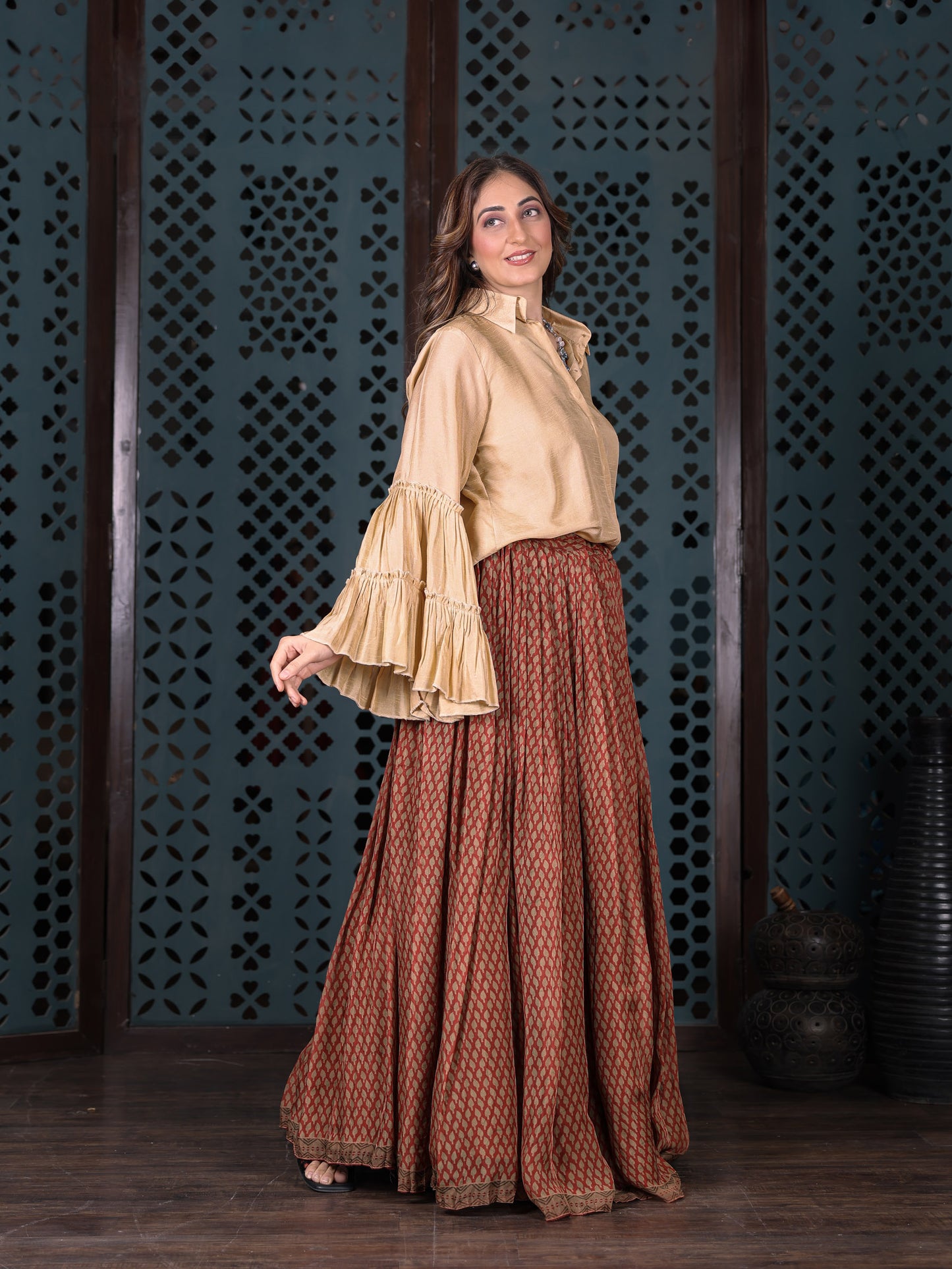 Rust & Brown Bandhani Print Flared Skirt