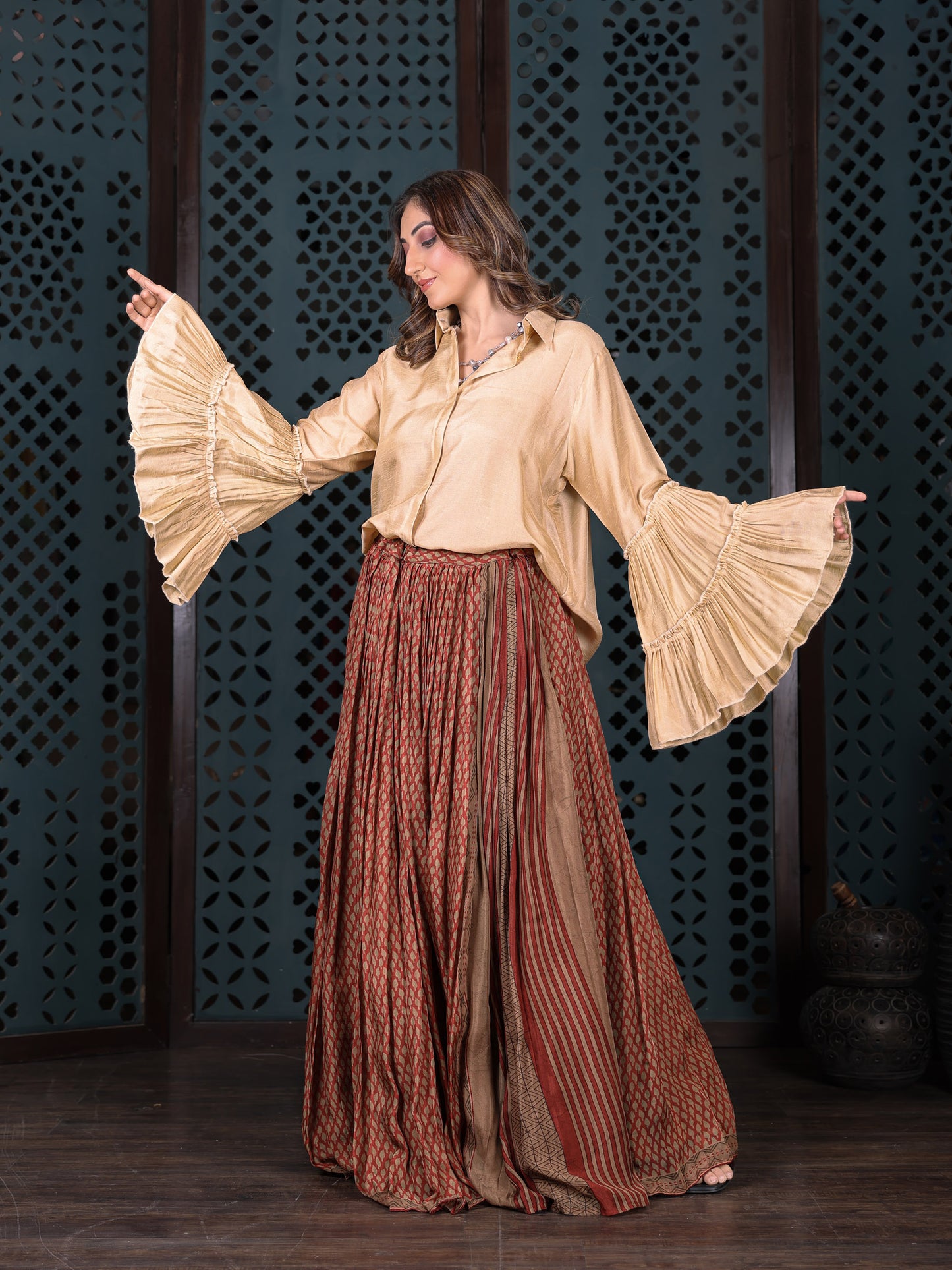 Rust & Brown Bandhani Print Flared Skirt