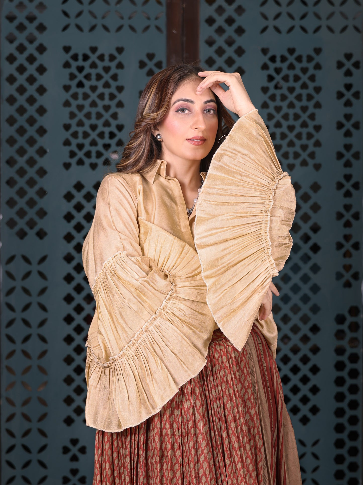 Rust & Brown Bandhani Print Flared Skirt
