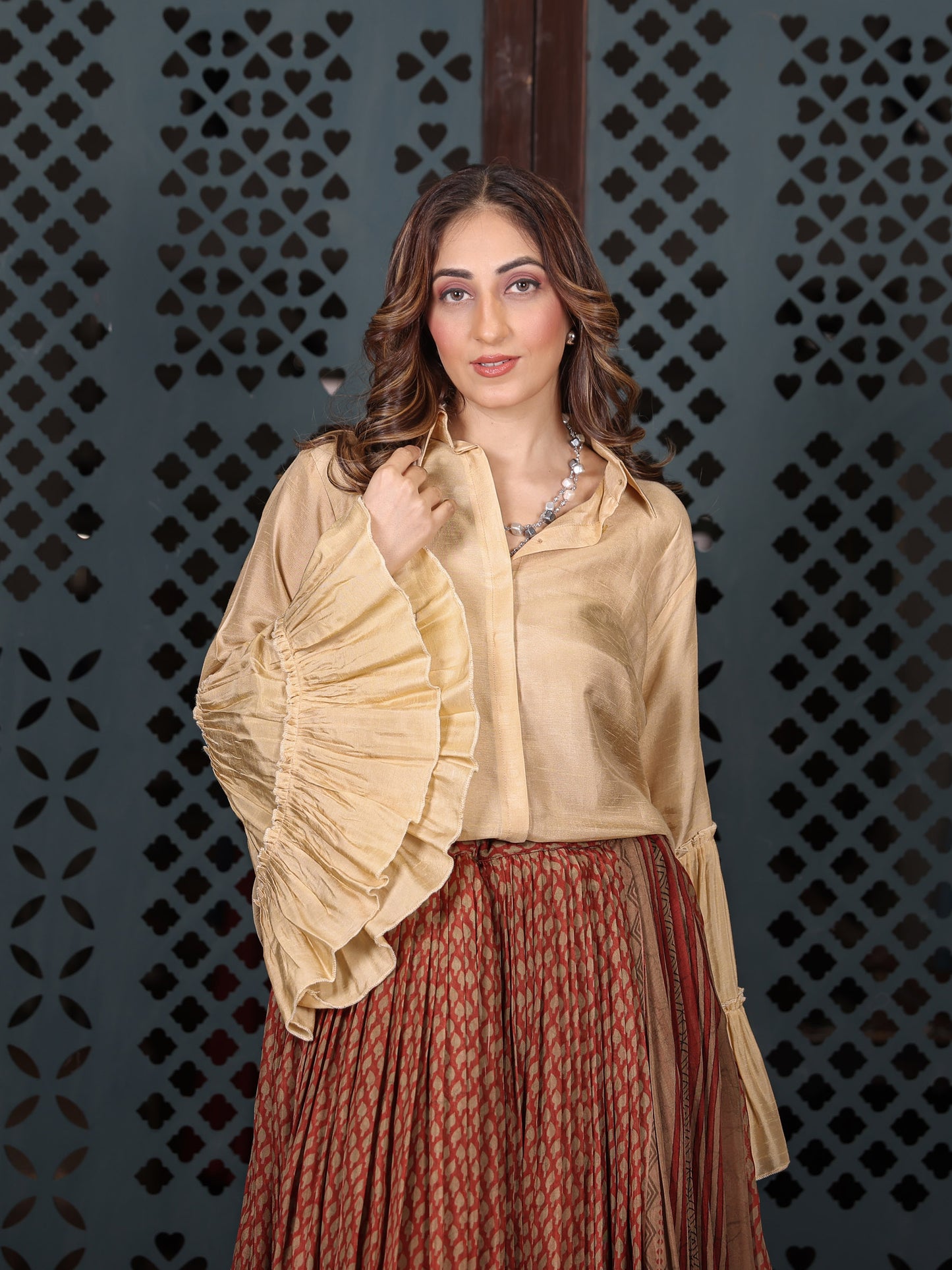 Rust & Brown Bandhani Print Flared Skirt