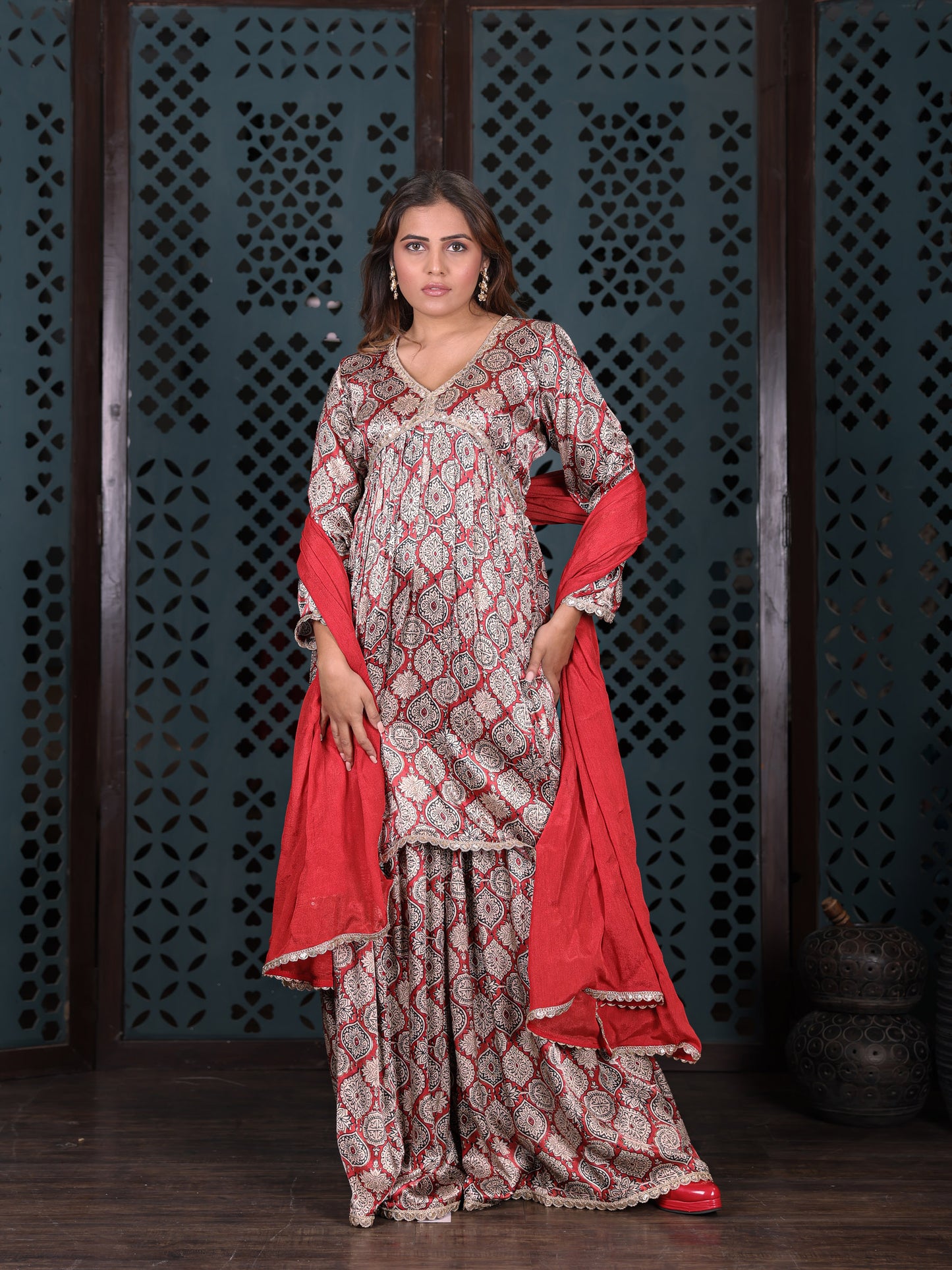 Red Block-printed Sharara Set With Dupatta