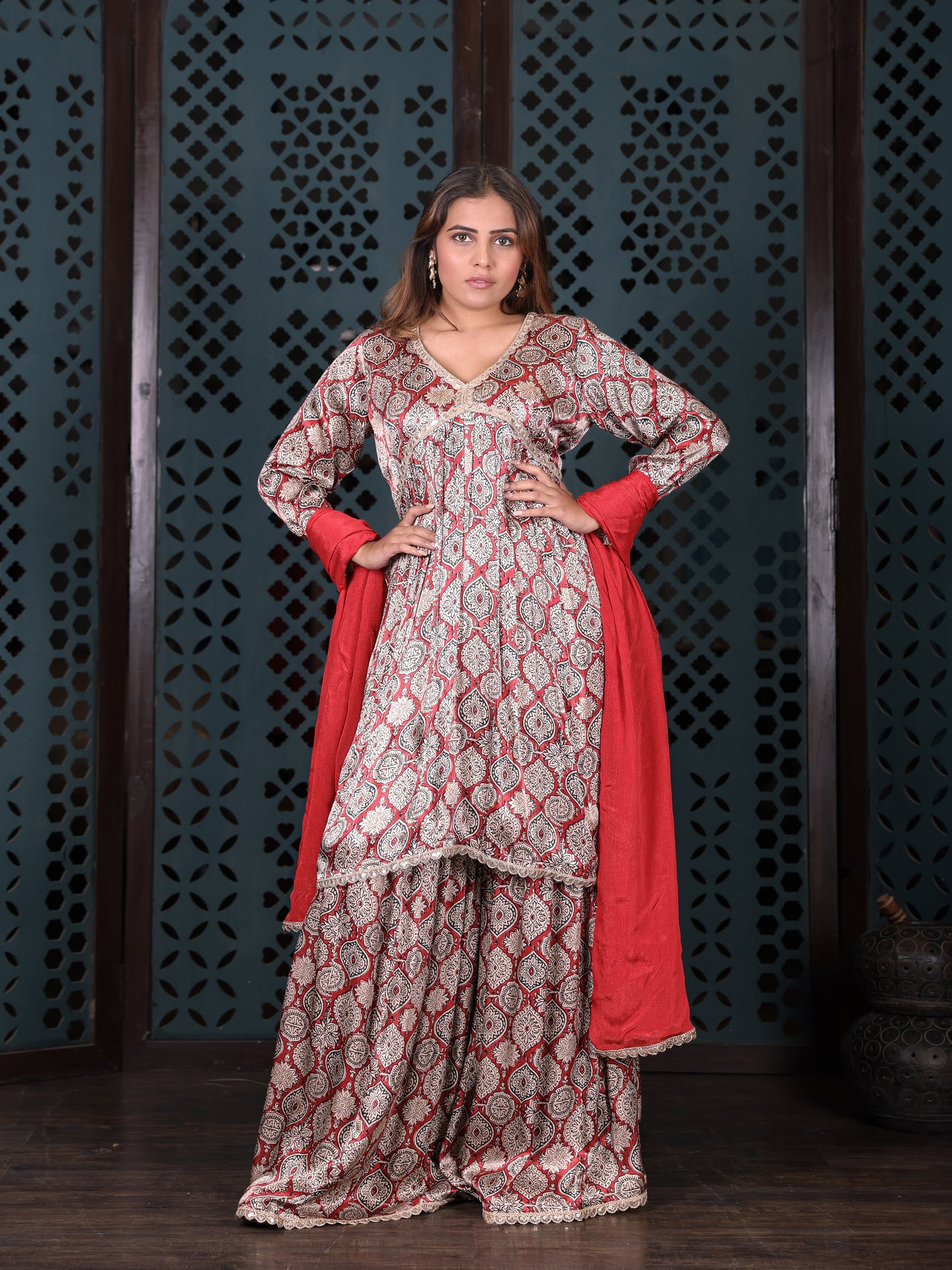 Red Block-printed Sharara Set With Dupatta