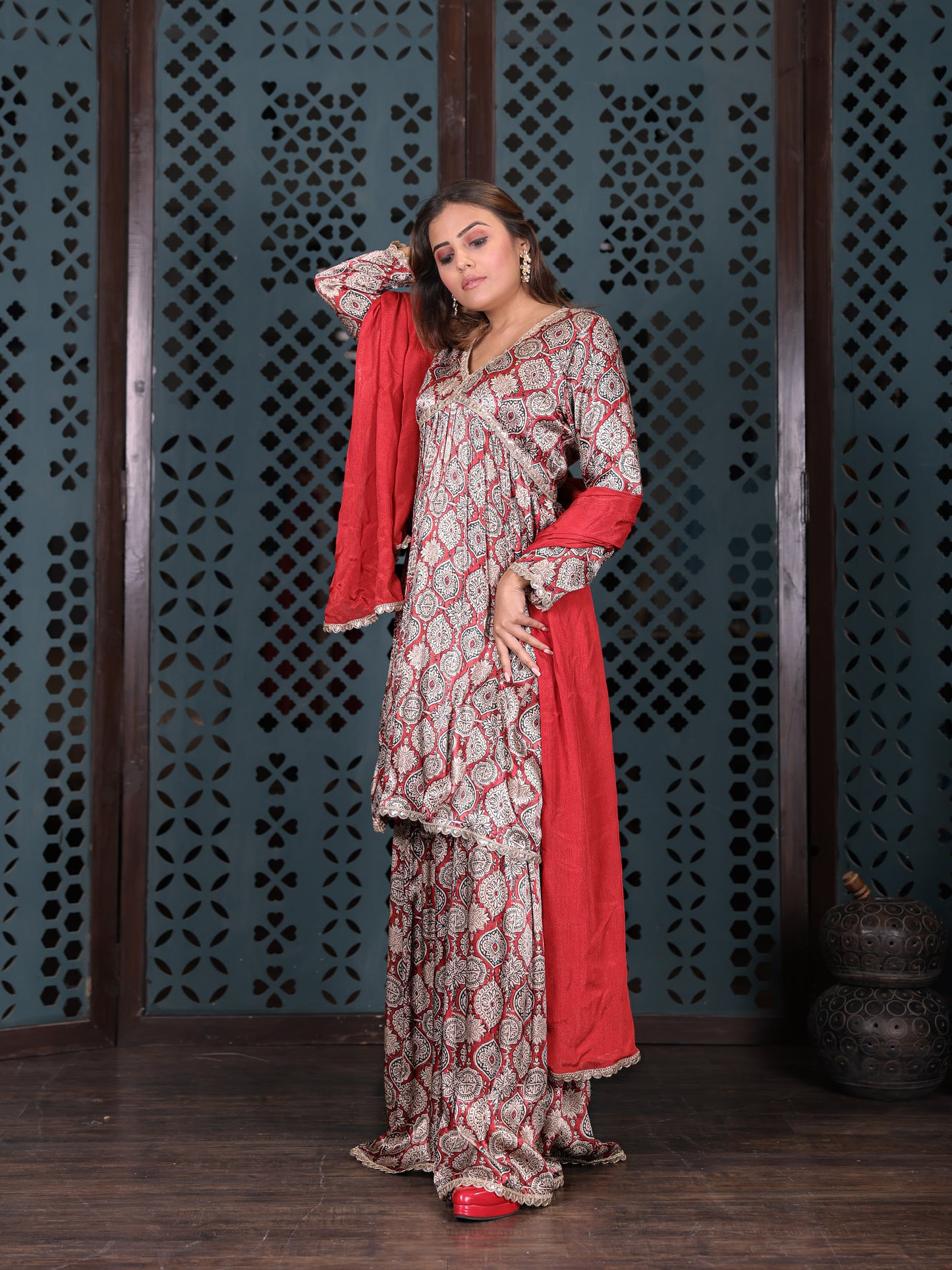 Red Block-printed Sharara Set With Dupatta