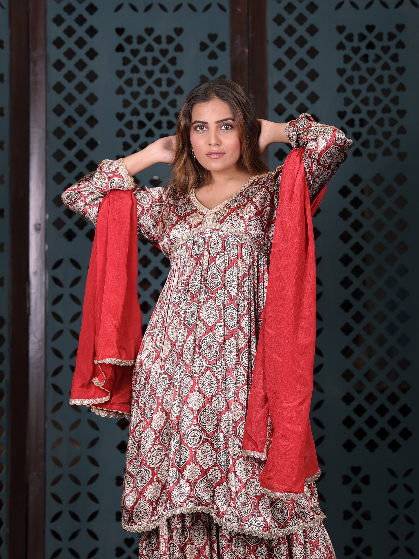 Red Block-printed Sharara Set With Dupatta