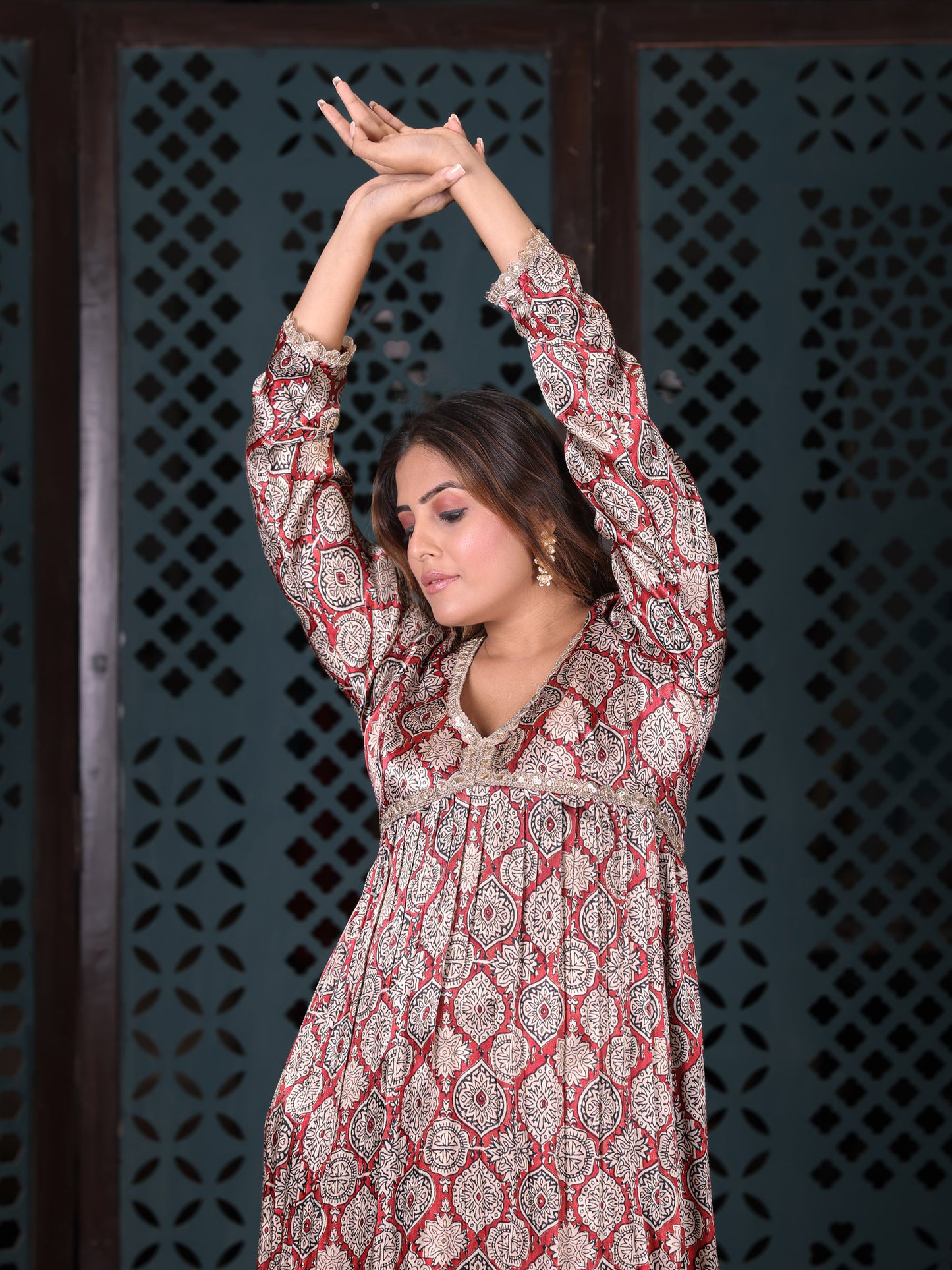 Red Block-printed Sharara Set With Dupatta