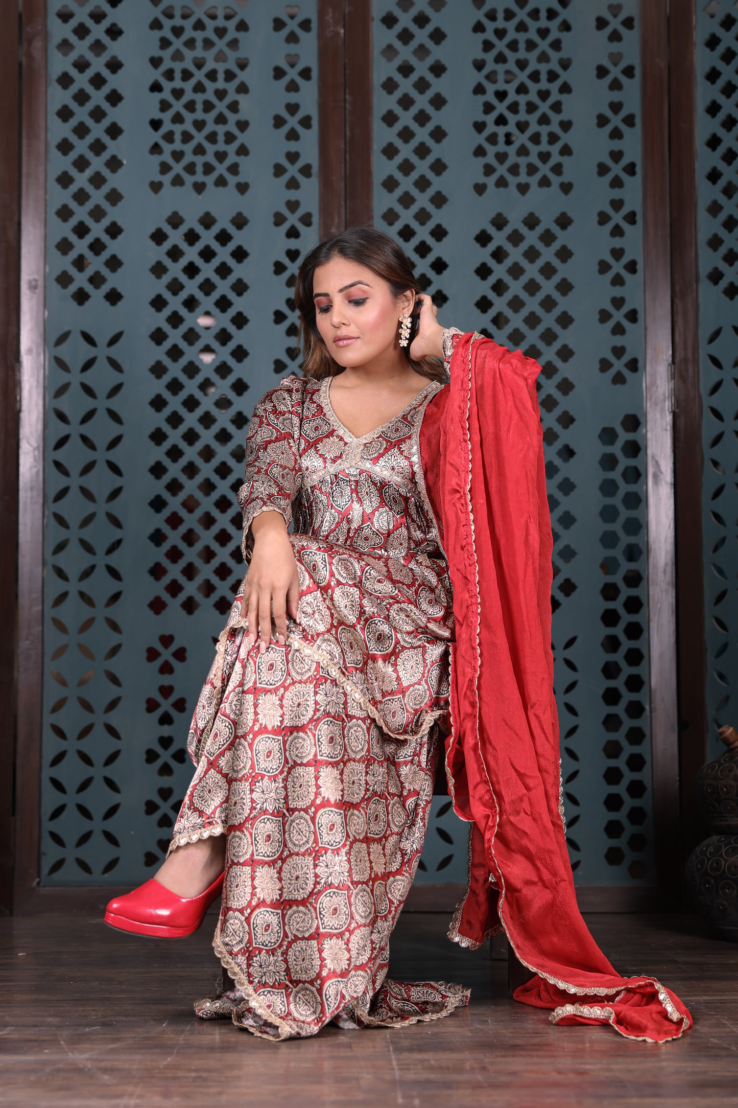 Red Block-printed Sharara Set With Dupatta