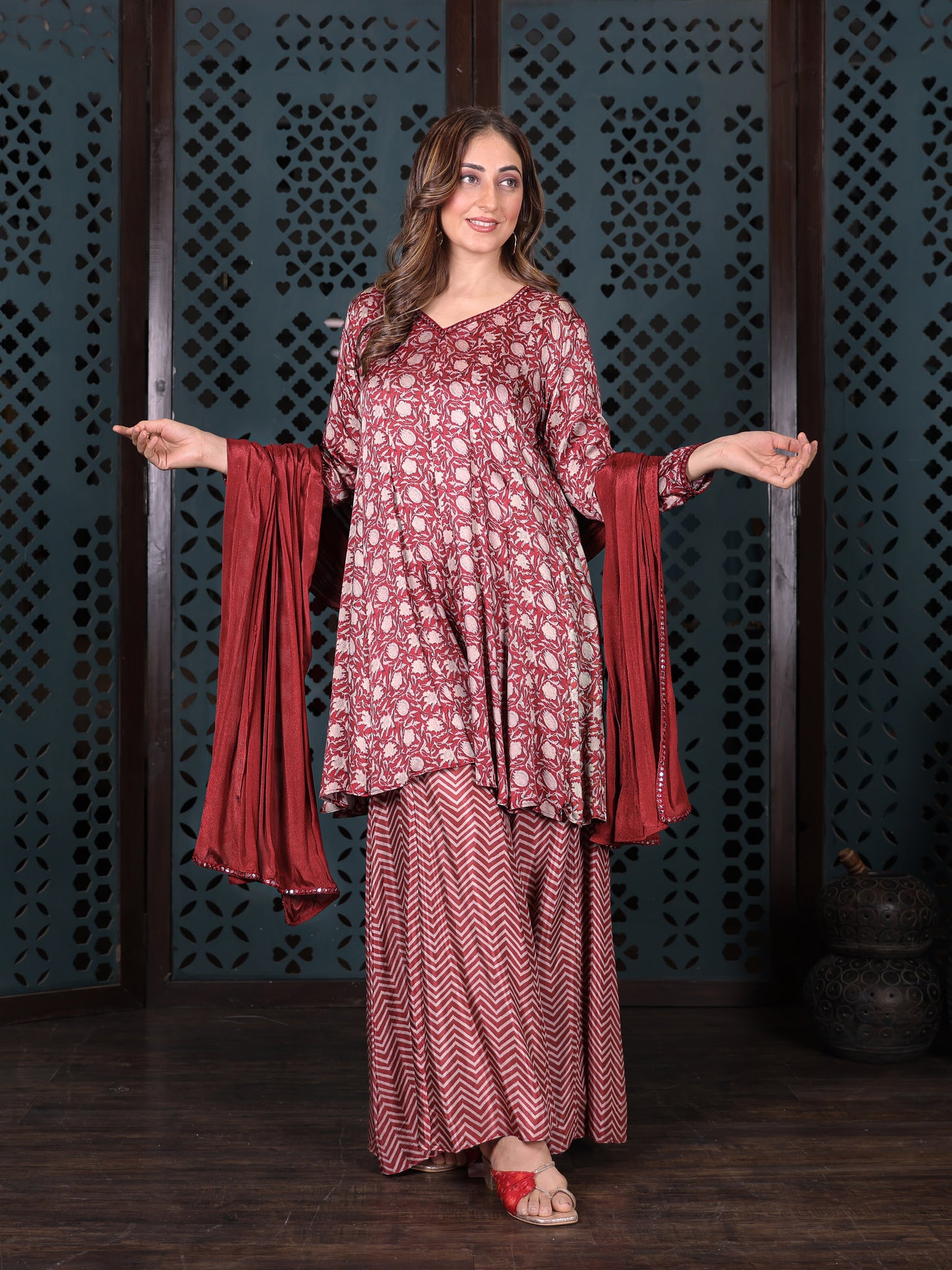 Maroon Floral Kurta Set With Flared Palazzo And Plain Solid Dupatta