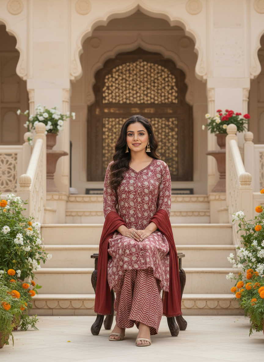 Maroon Floral Kurta Set With Flared Palazzo And Plain Solid Dupatta