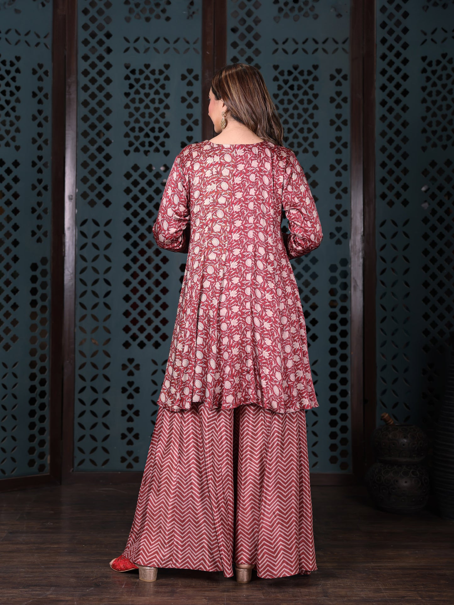 Maroon Floral Kurta Set With Flared Palazzo And Plain Solid Dupatta