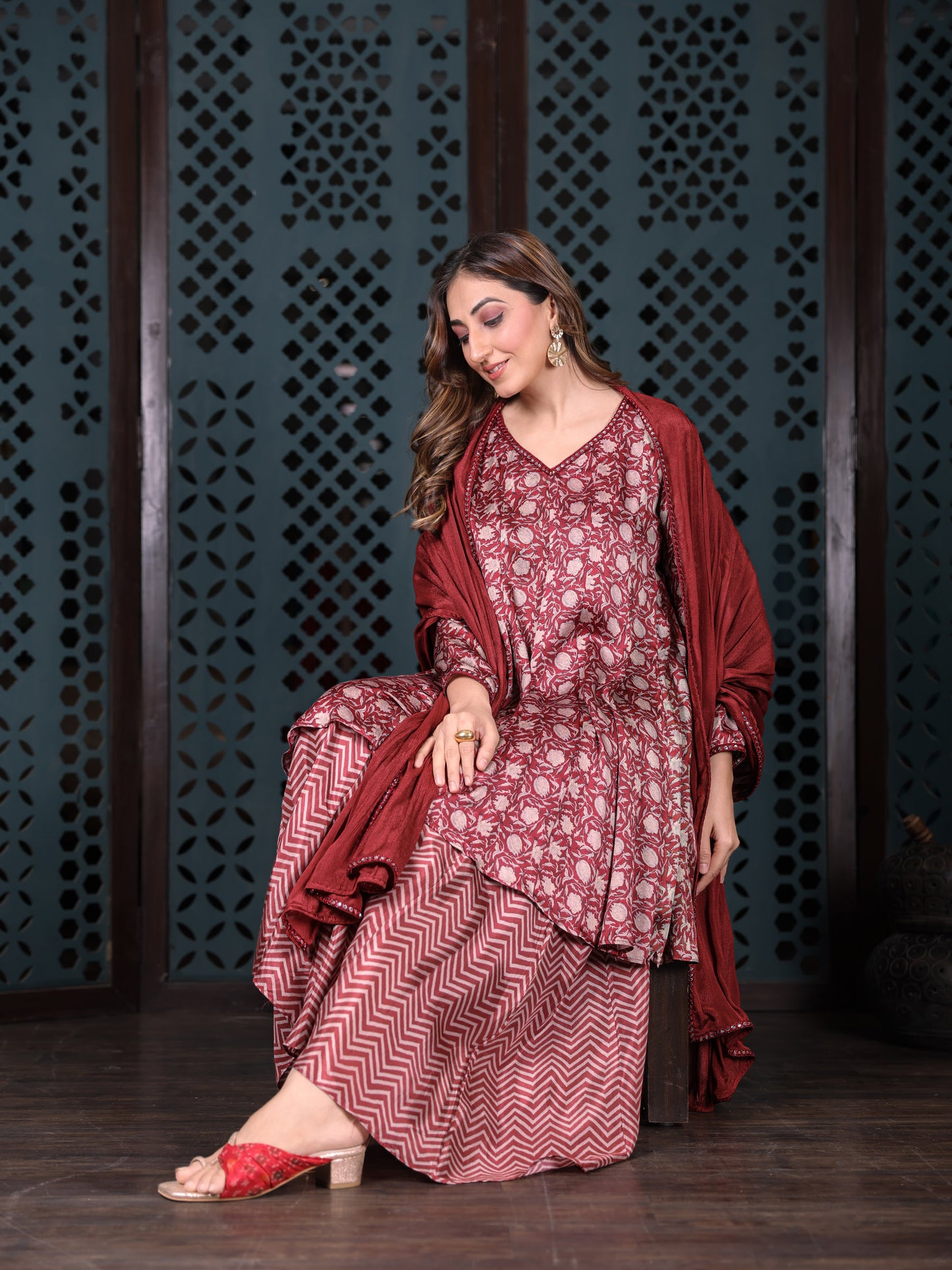 Maroon Floral Kurta Set With Flared Palazzo And Plain Solid Dupatta