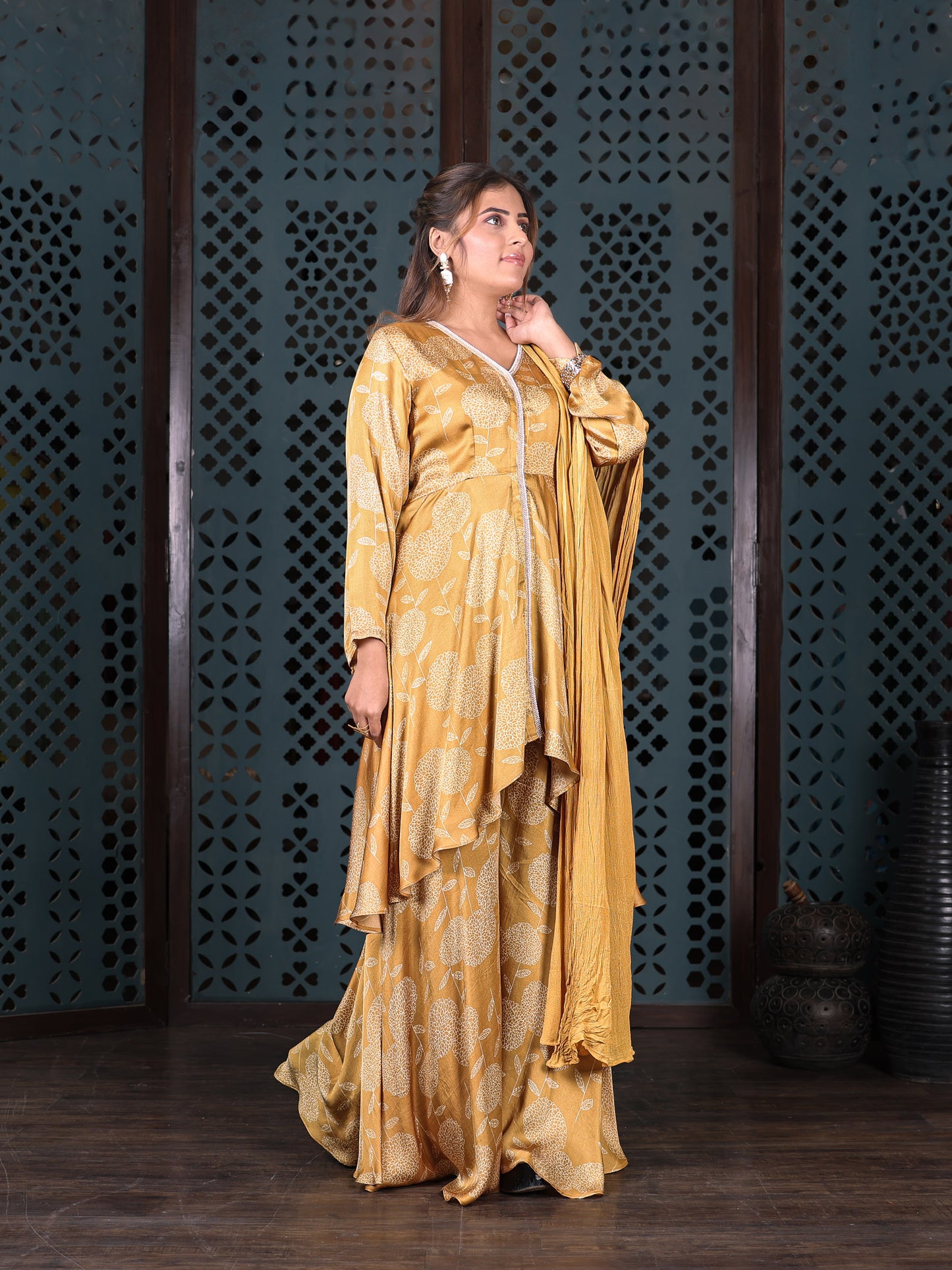 Yellow Asymmetric Kurta Set With Flared Palazzo And Chiffon Dupatta