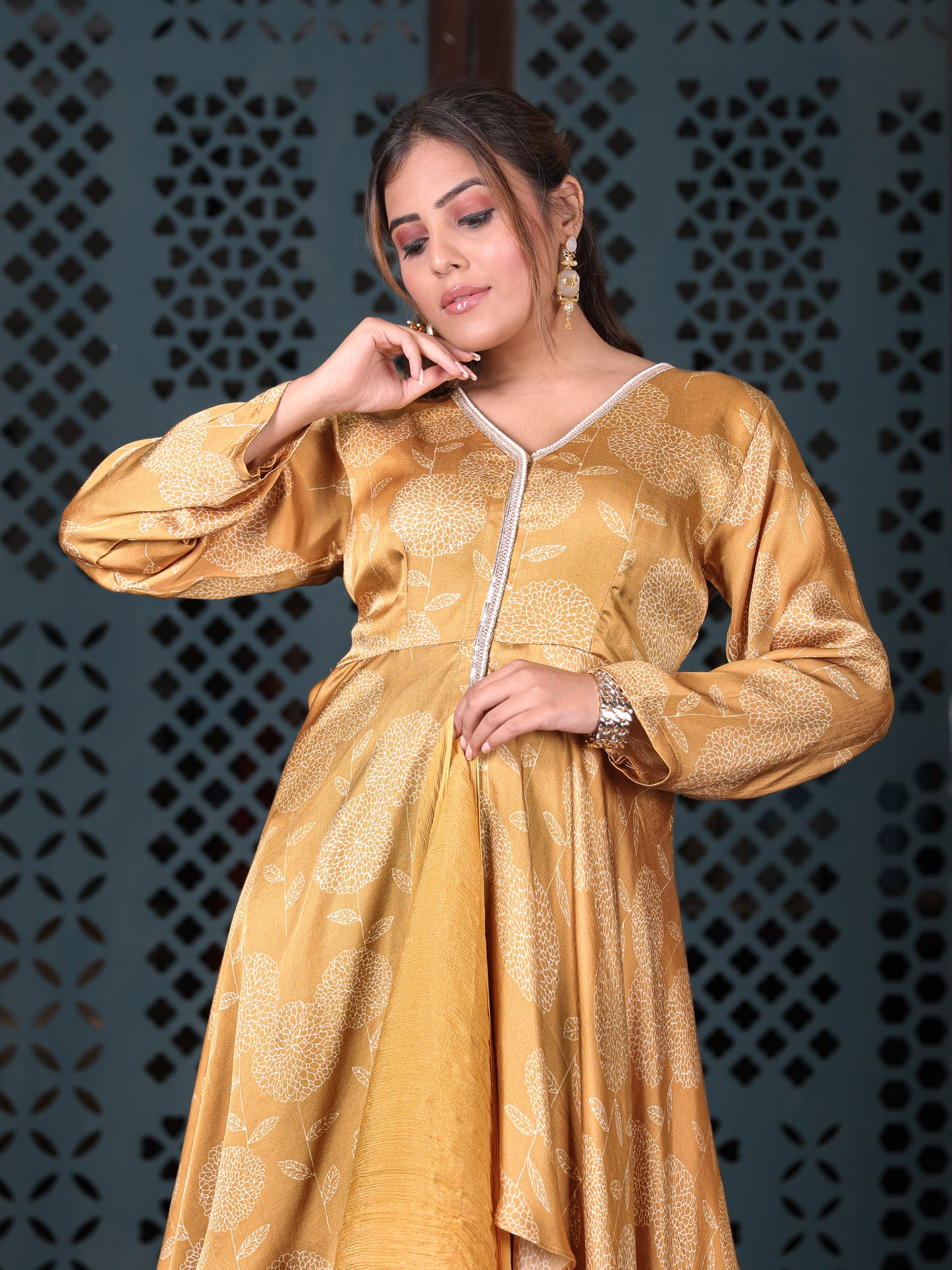 Yellow Asymmetric Kurta Set With Flared Palazzo And Chiffon Dupatta