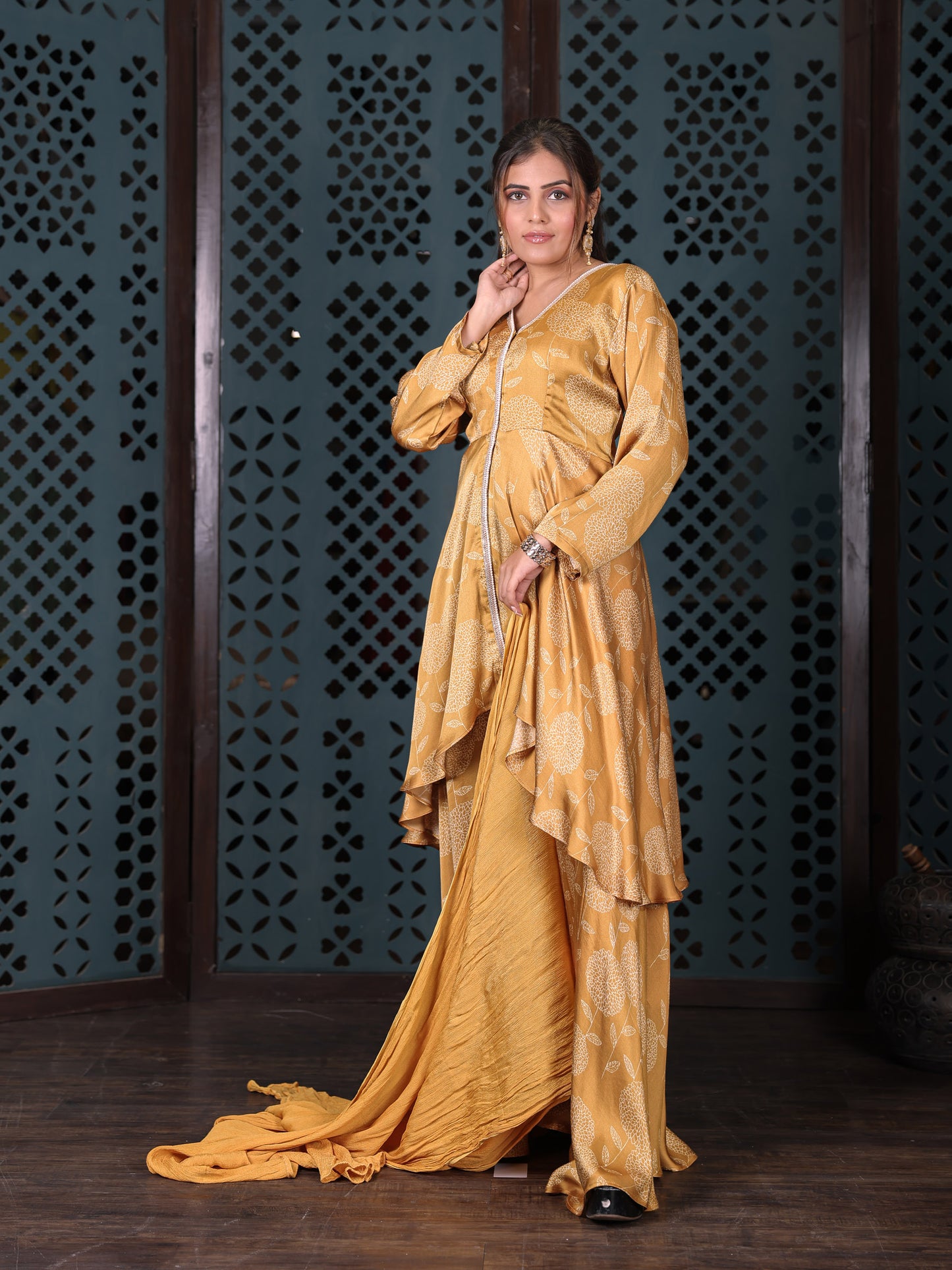Yellow Asymmetric Kurta Set With Flared Palazzo And Chiffon Dupatta