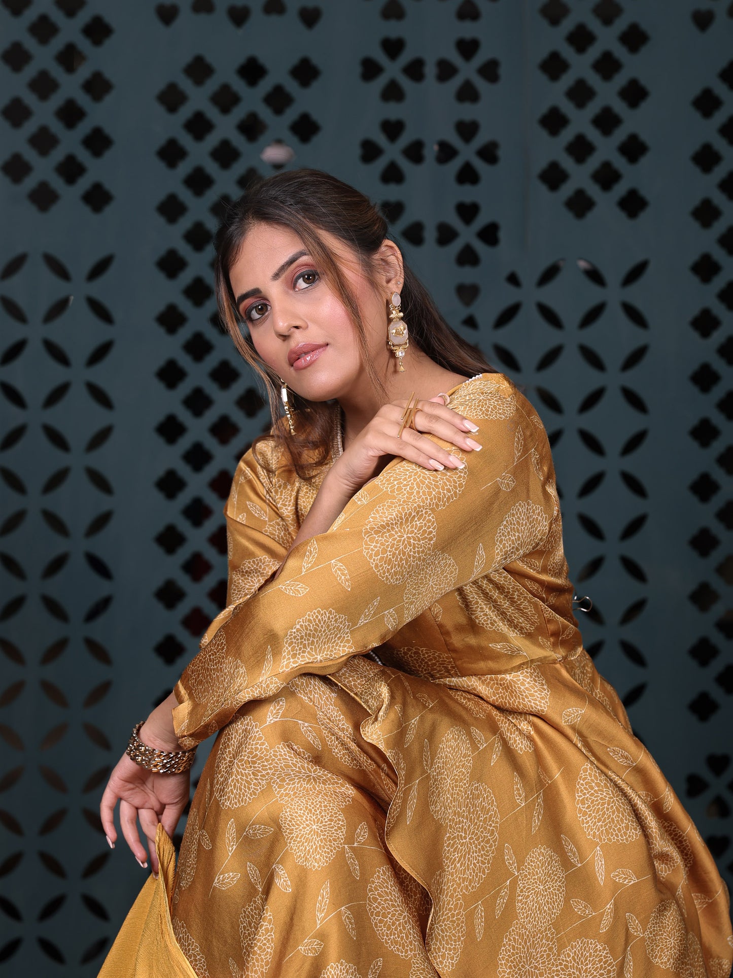 Yellow Asymmetric Kurta Set With Flared Palazzo And Chiffon Dupatta