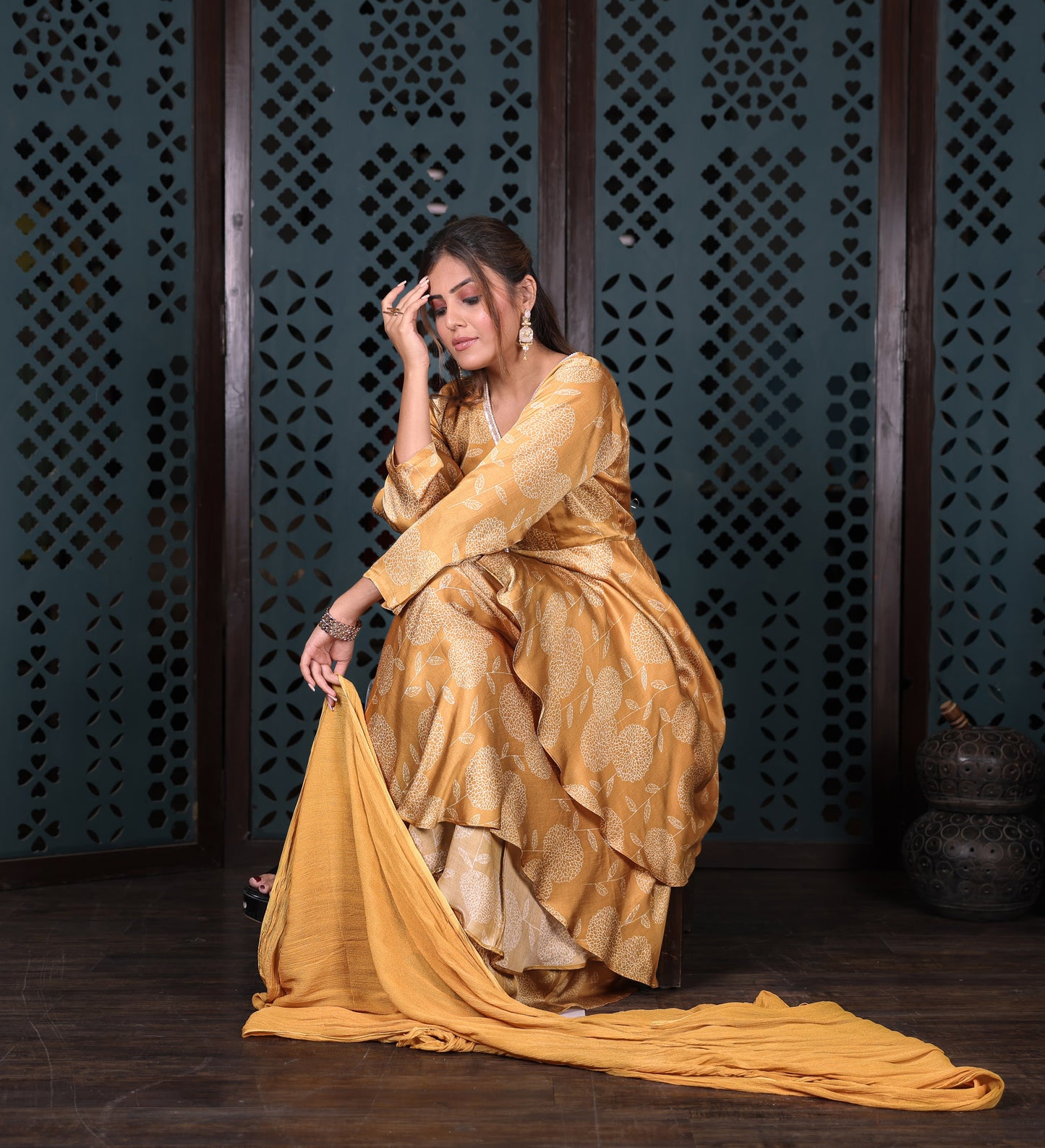 Yellow Asymmetric Kurta Set With Flared Palazzo And Chiffon Dupatta