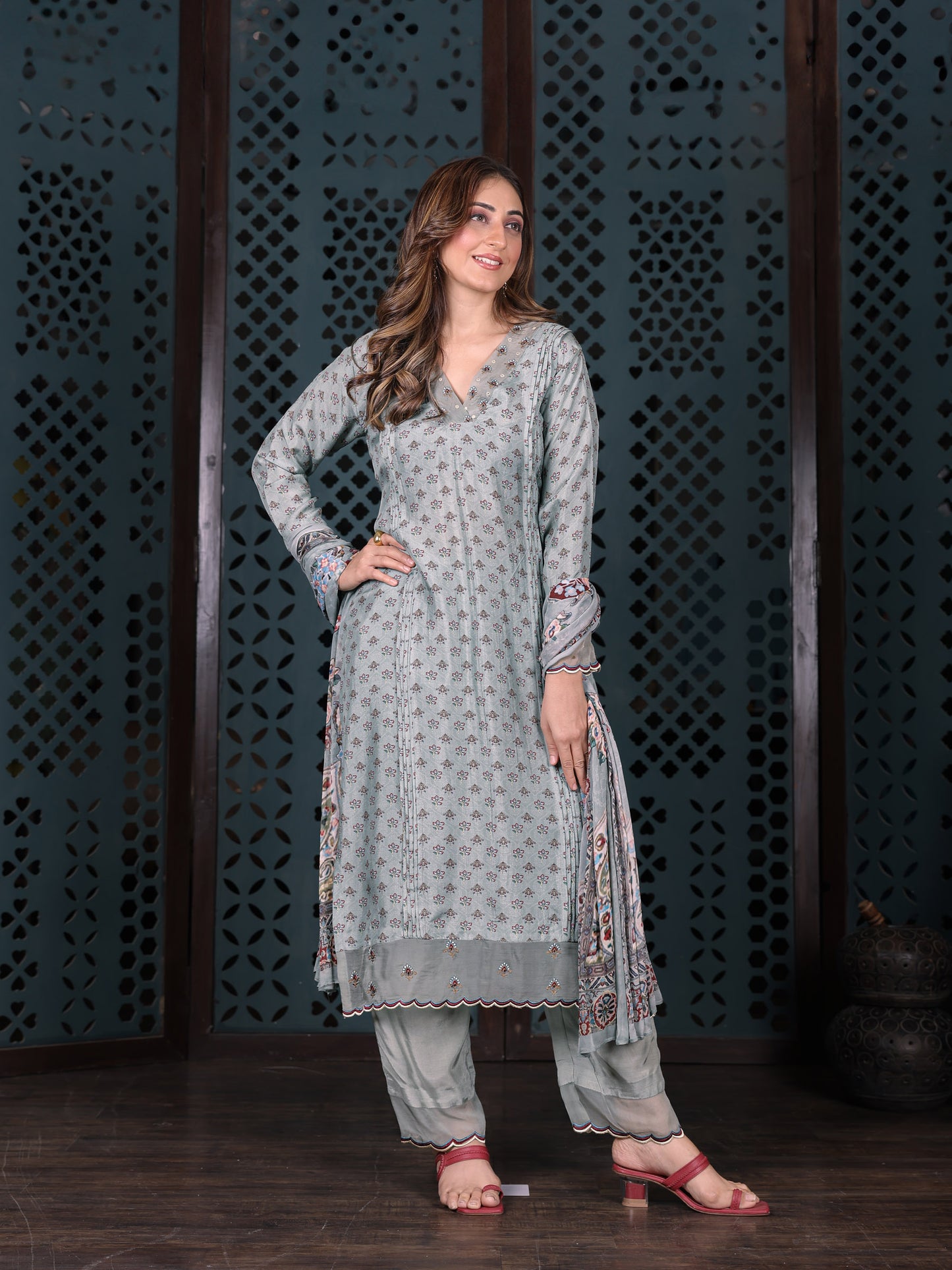 Soft Blue Embroidered Muslin Suit Set With Printed Dupatta