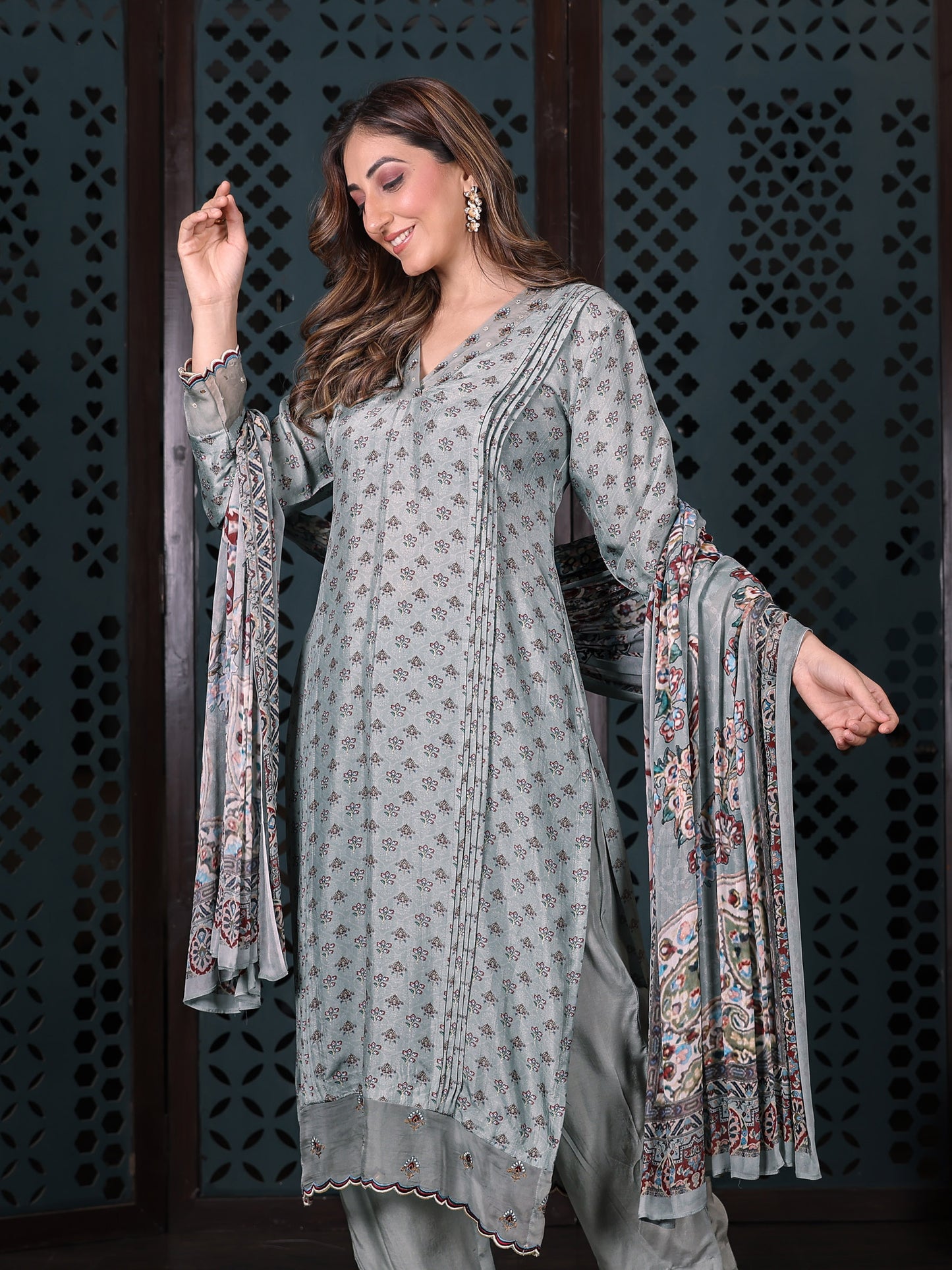 Soft Blue Embroidered Muslin Suit Set With Printed Dupatta
