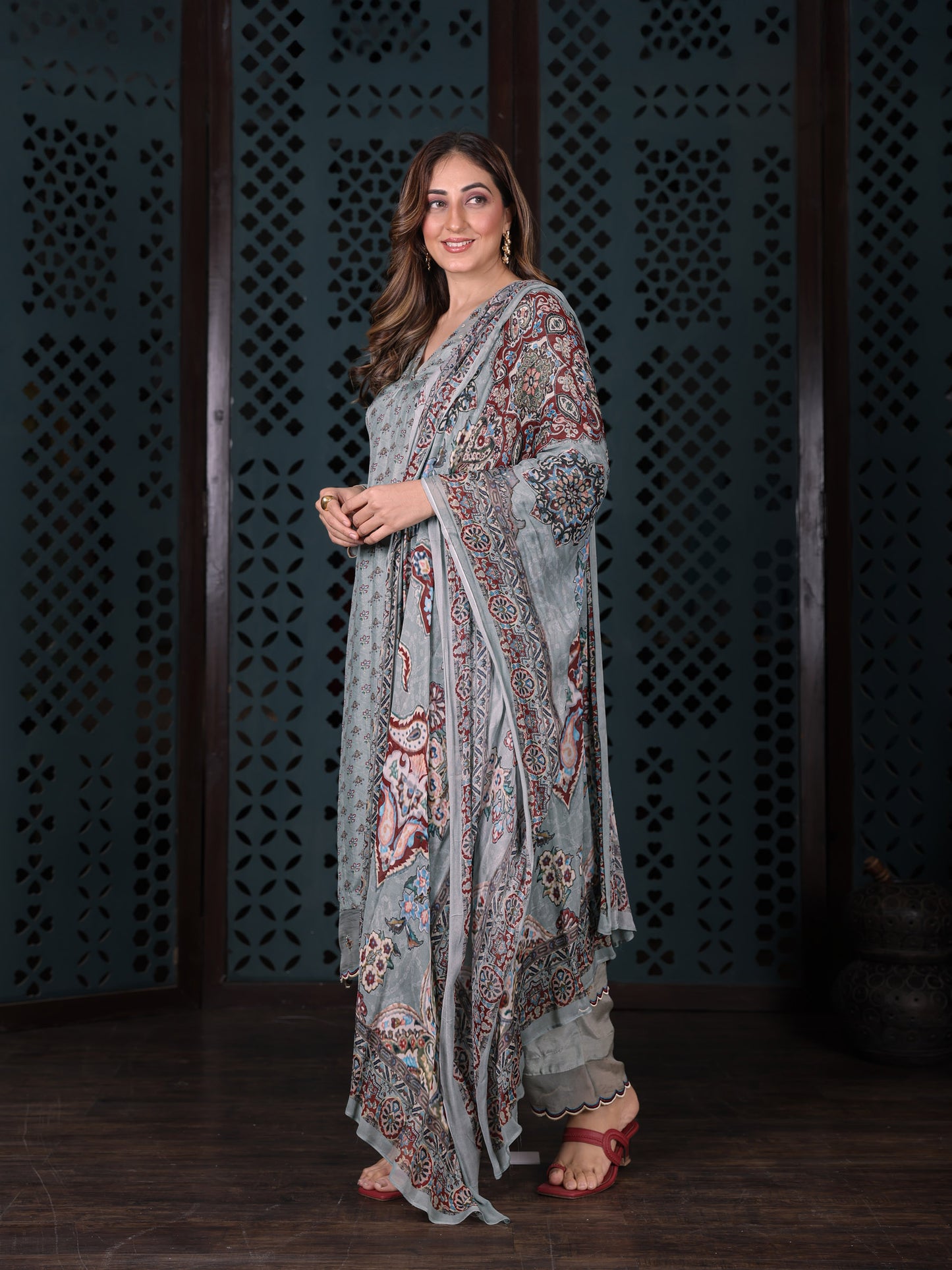 Soft Blue Embroidered Muslin Suit Set With Printed Dupatta