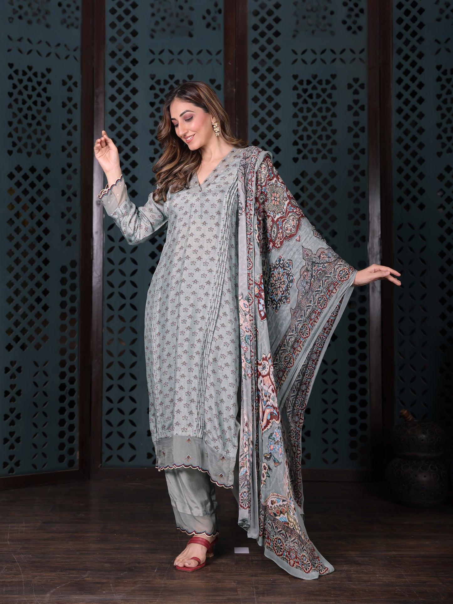 Soft Blue Embroidered Muslin Suit Set With Printed Dupatta