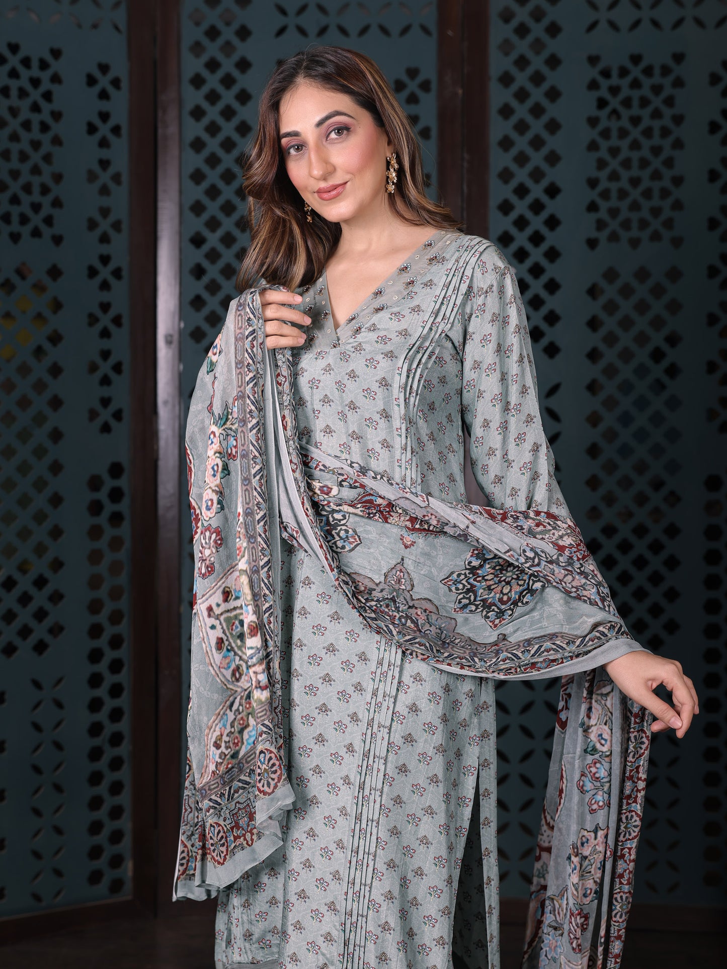Soft Blue Embroidered Muslin Suit Set With Printed Dupatta