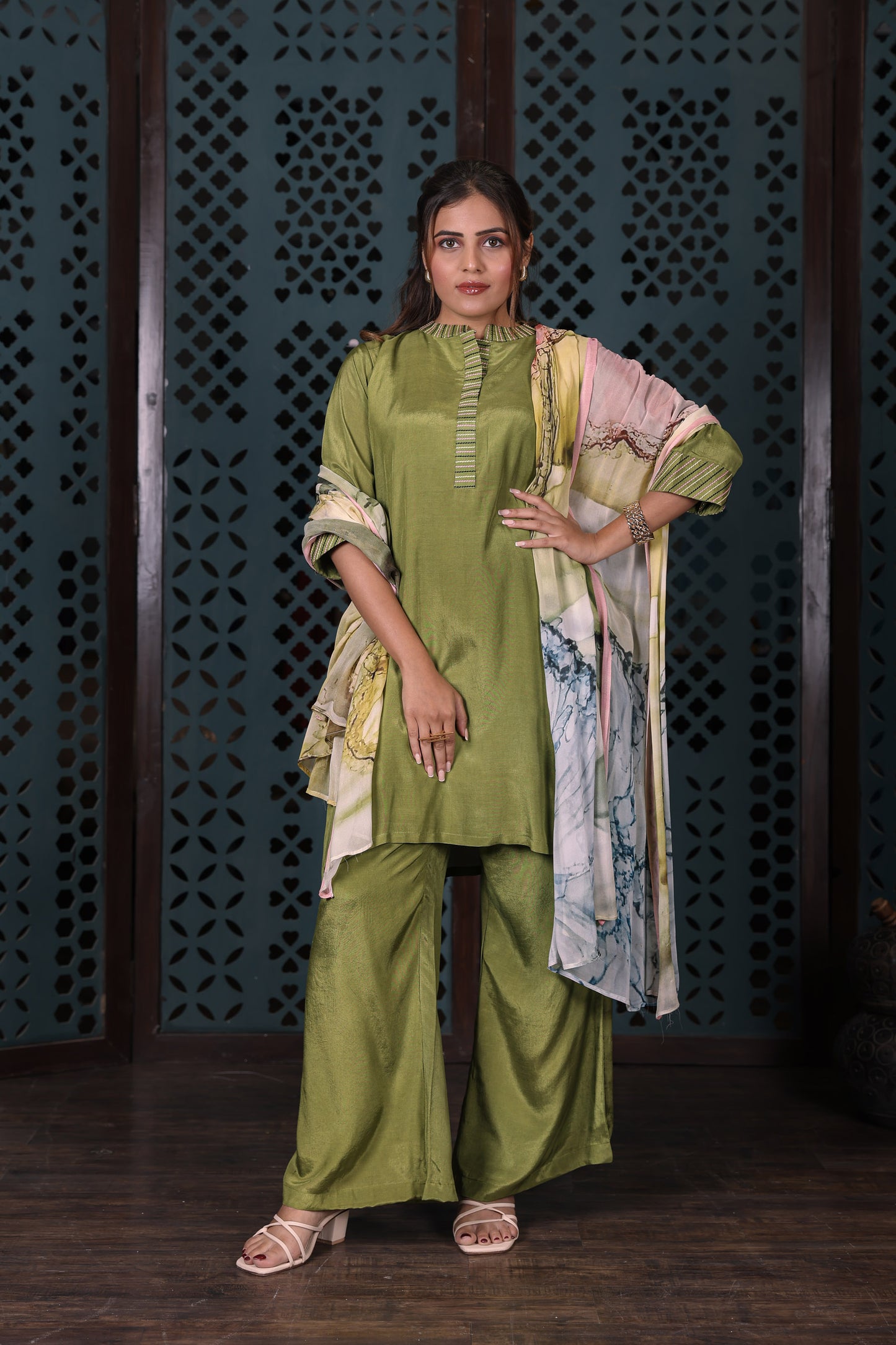 Olive Green Straight Kurta Set With Flared Pants & Printed Dupatta