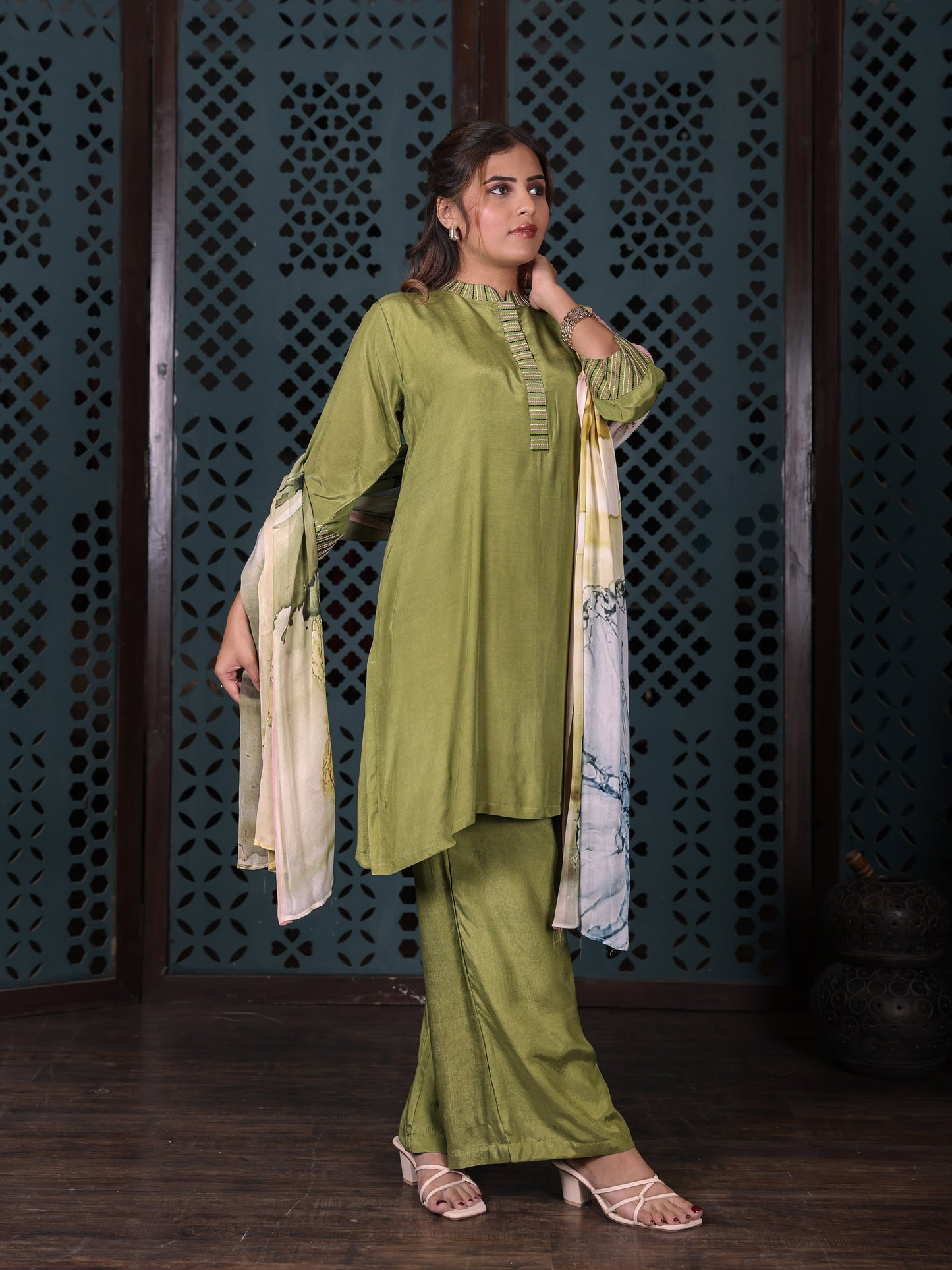 Olive Green Straight Kurta Set With Flared Pants & Printed Dupatta