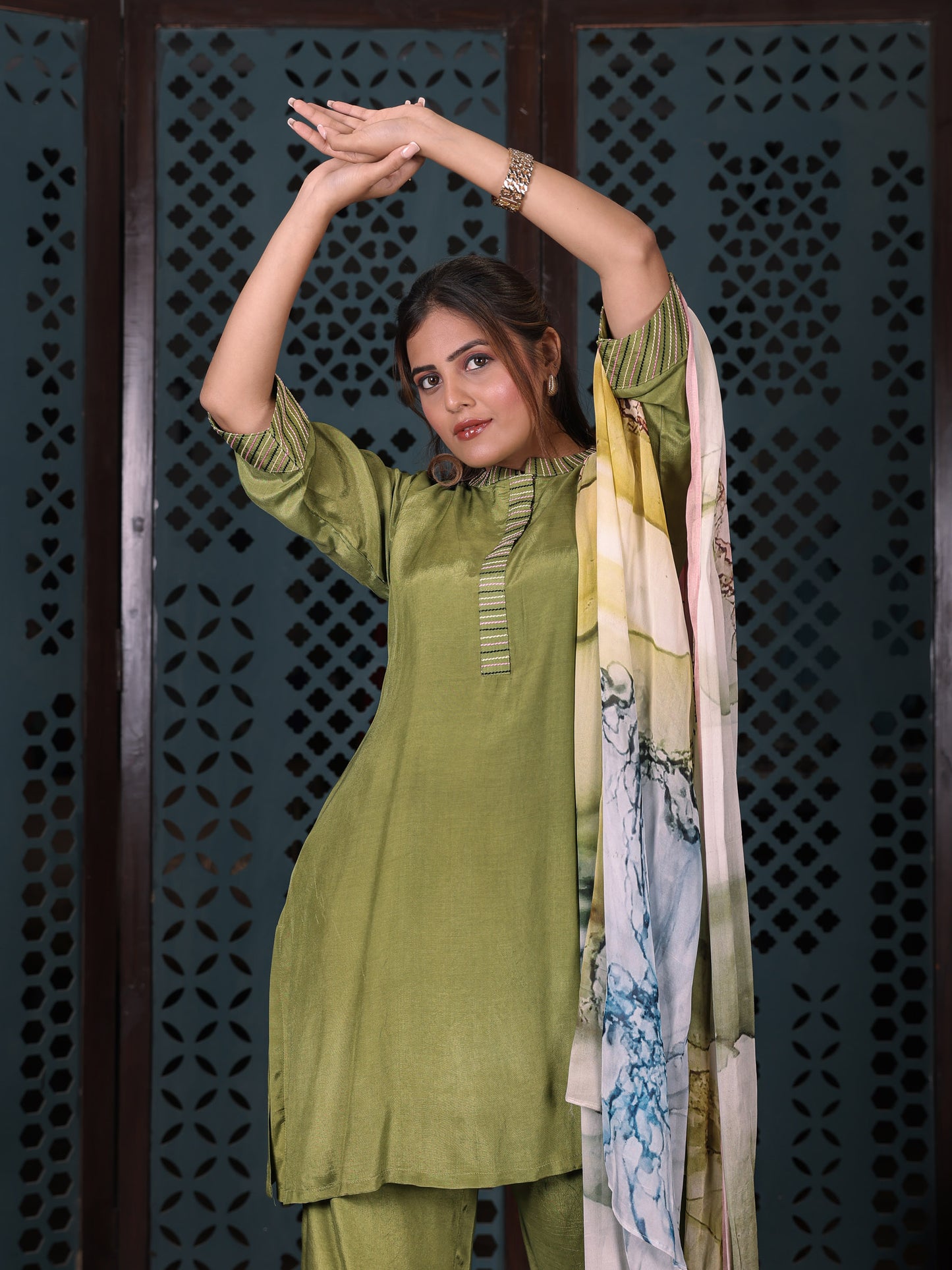 Olive Green Straight Kurta Set With Flared Pants & Printed Dupatta