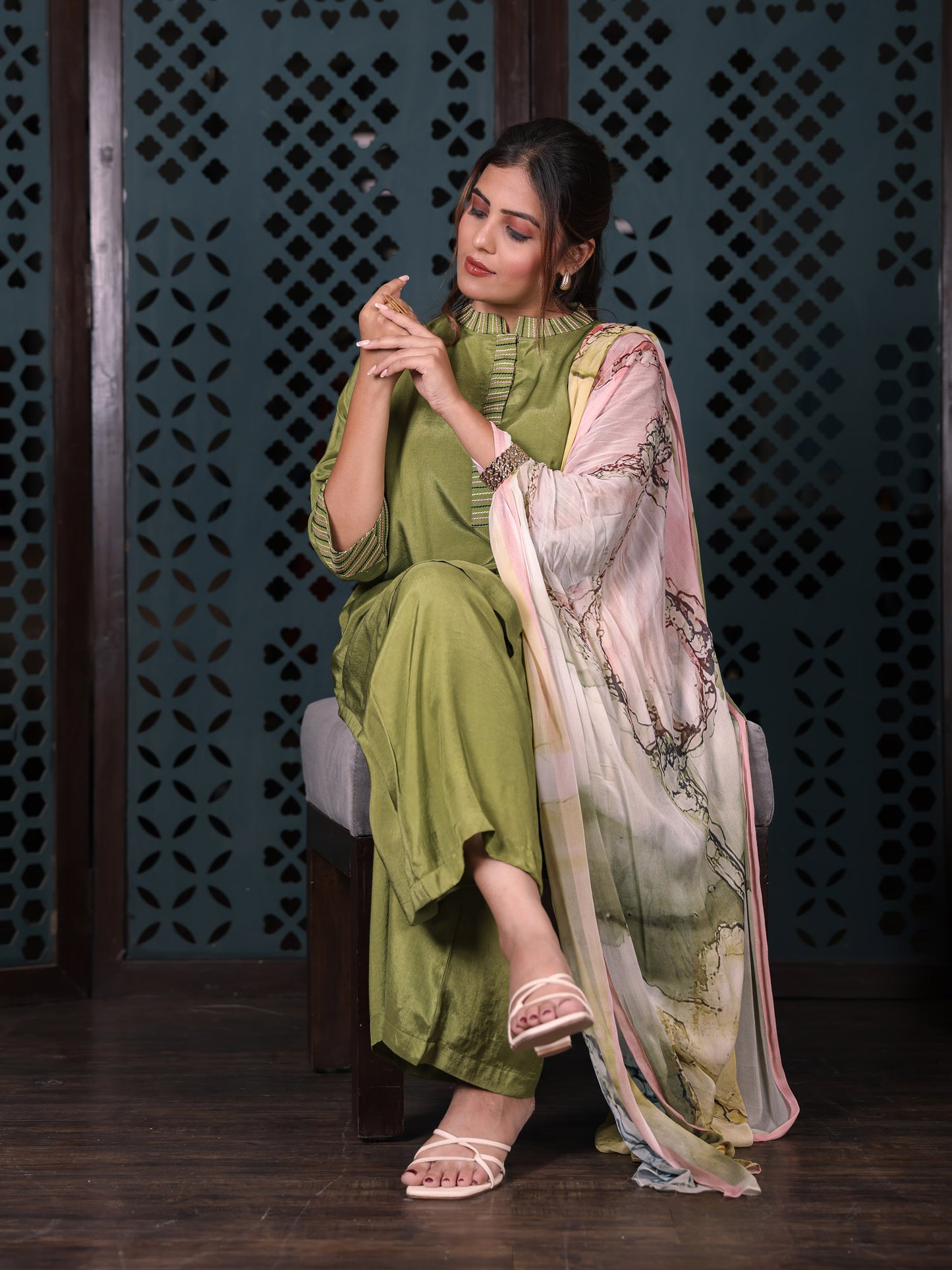 Olive Green Straight Kurta Set With Flared Pants & Printed Dupatta
