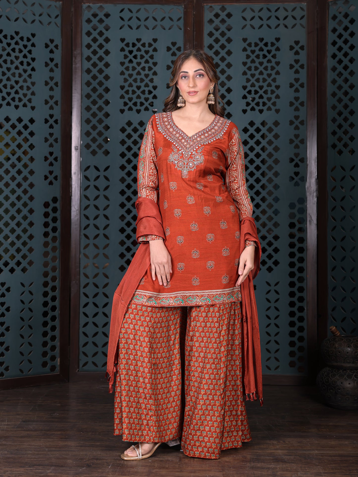 Rust Printed Kurta Set With Flared Palazzo And Dupatta