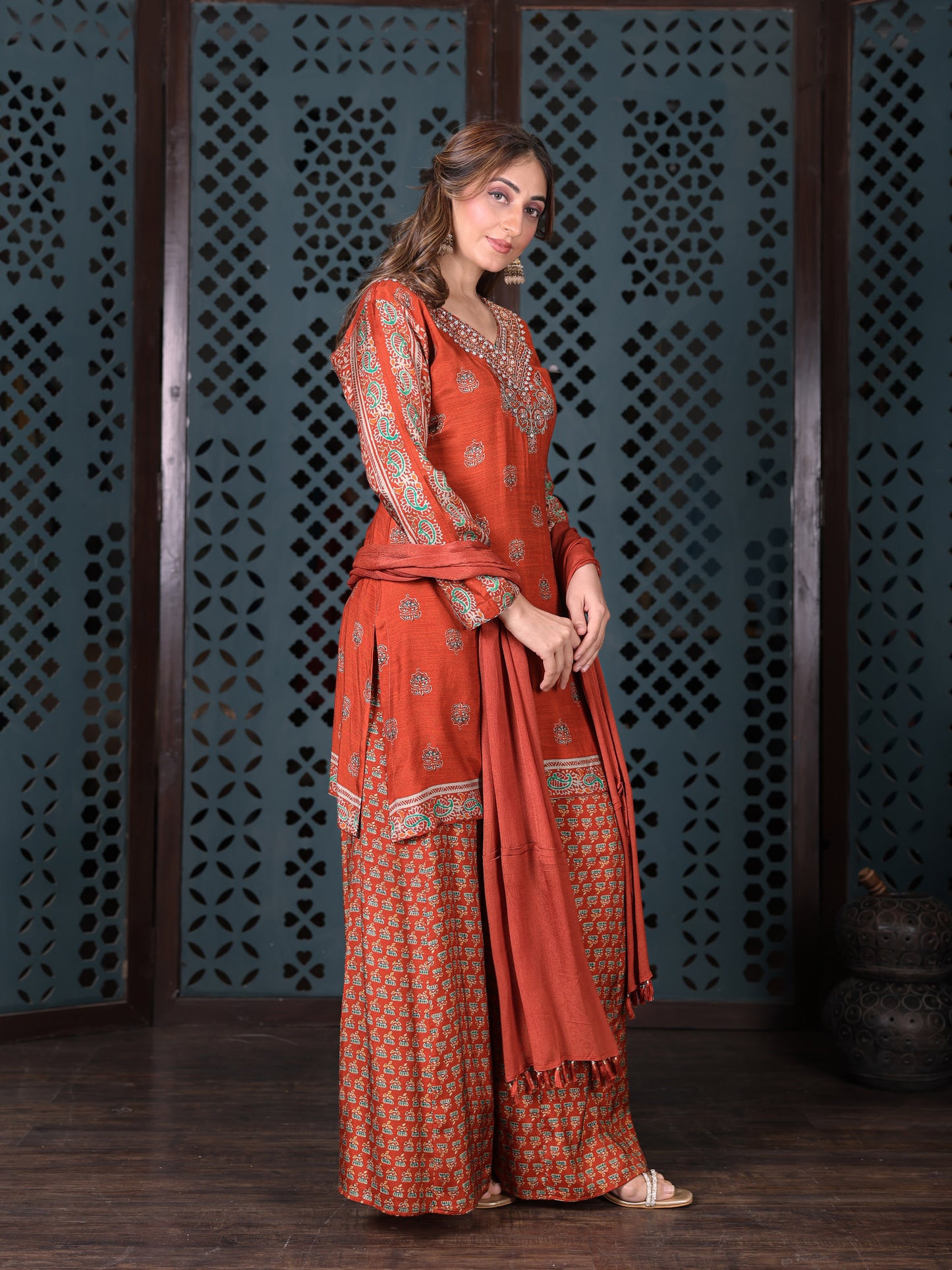 Rust Printed Kurta Set With Flared Palazzo And Dupatta