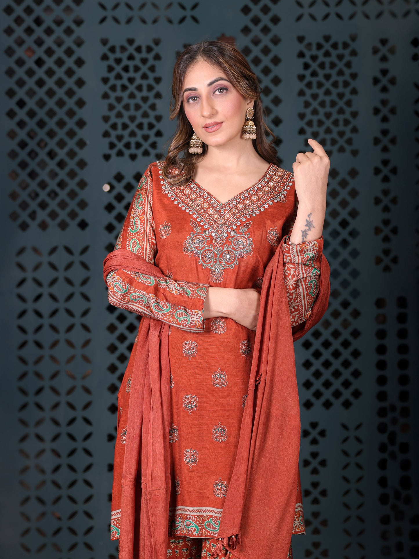 Rust Printed Kurta Set With Flared Palazzo And Dupatta
