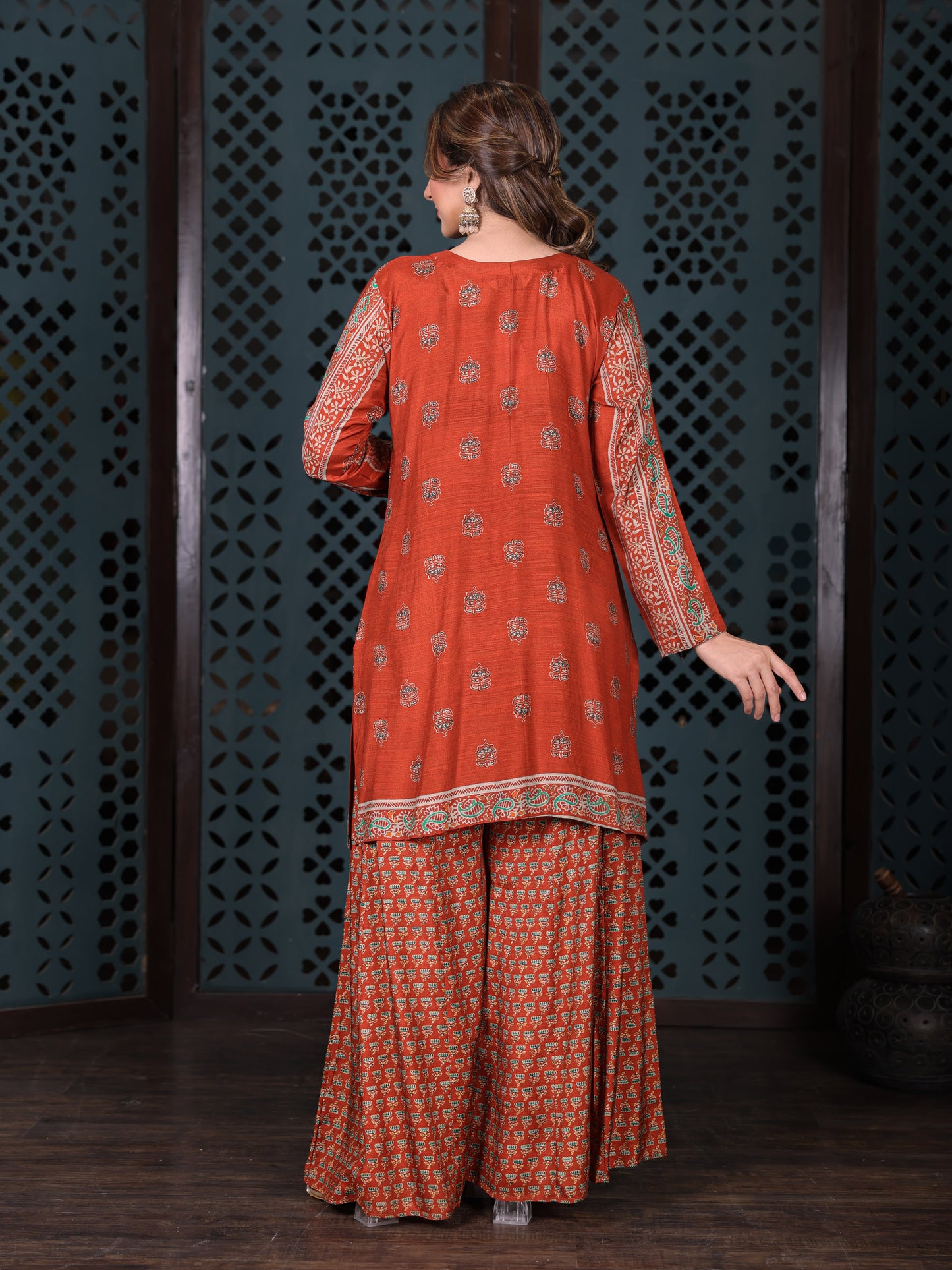 Rust Printed Kurta Set With Flared Palazzo And Dupatta