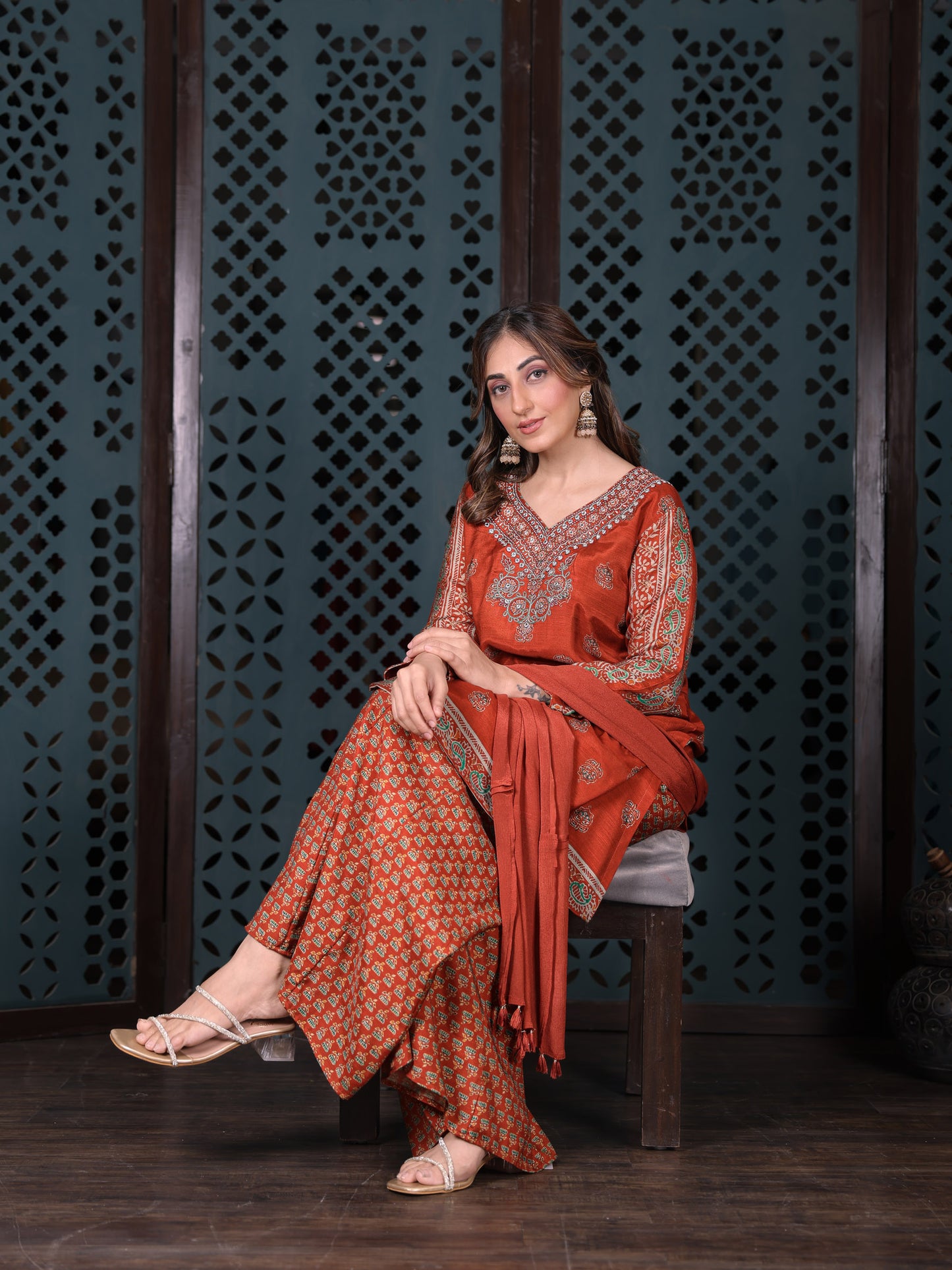 Rust Printed Kurta Set With Flared Palazzo And Dupatta