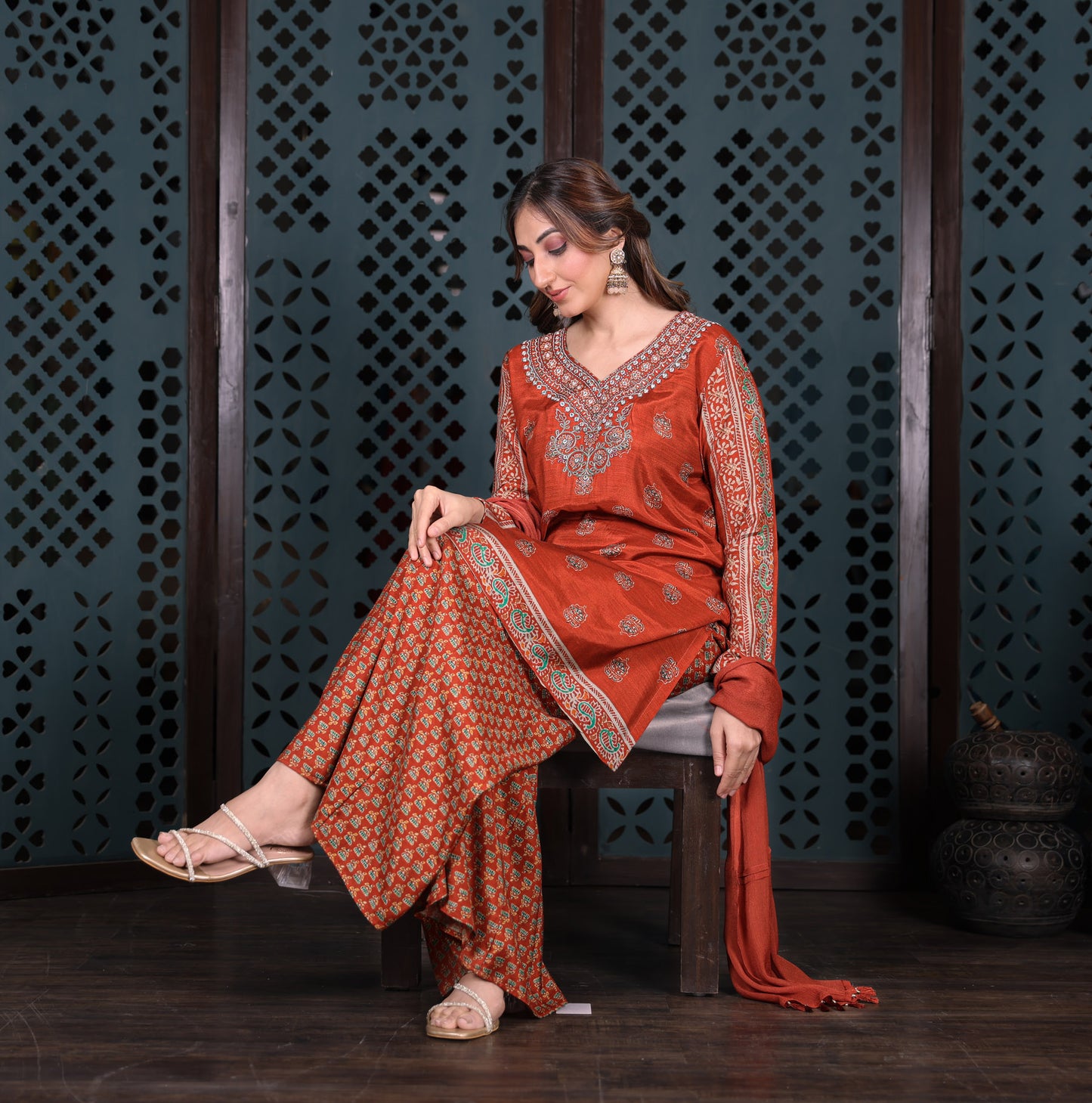 Rust Printed Kurta Set With Flared Palazzo And Dupatta