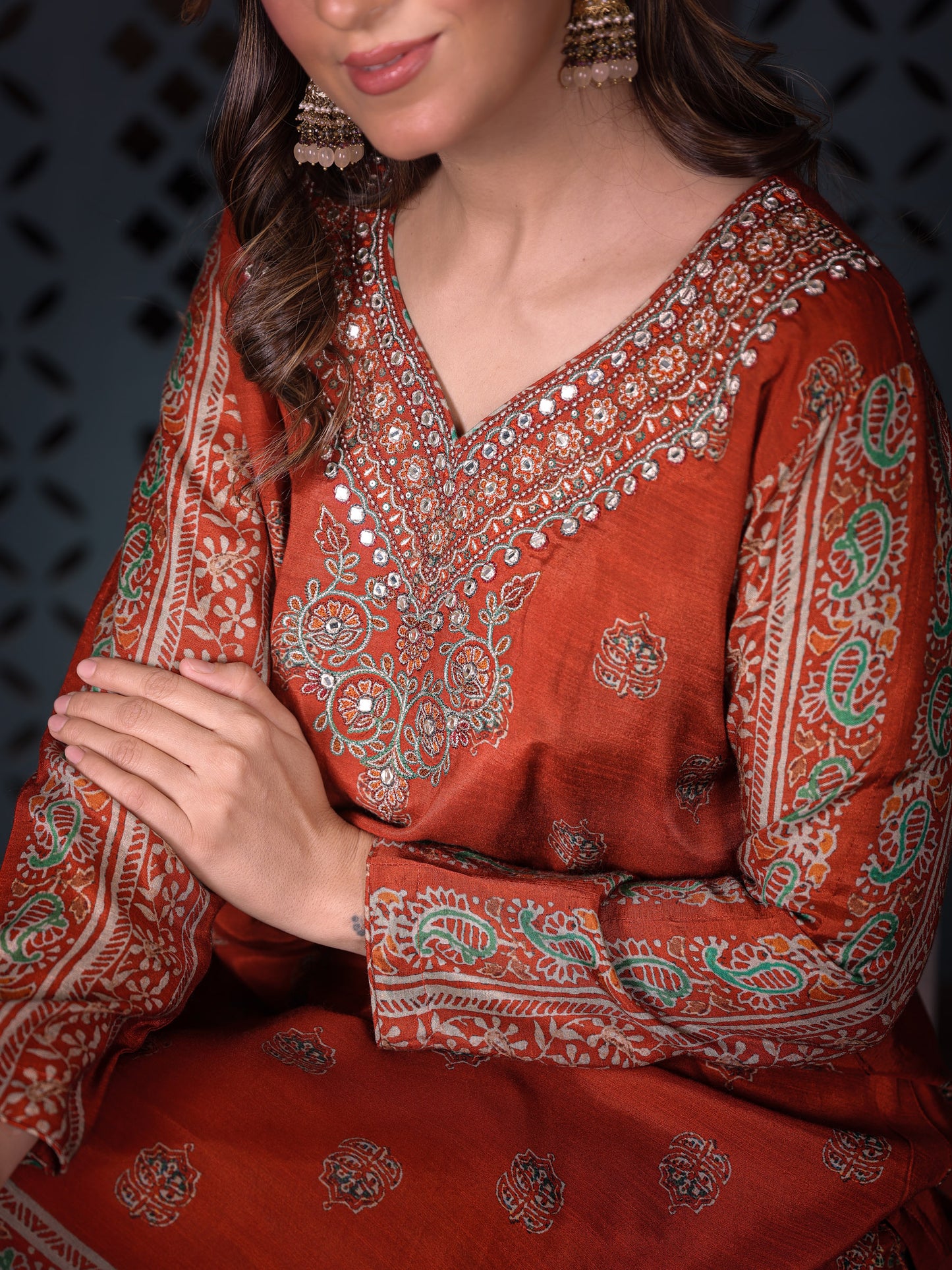 Rust Printed Kurta Set With Flared Palazzo And Dupatta
